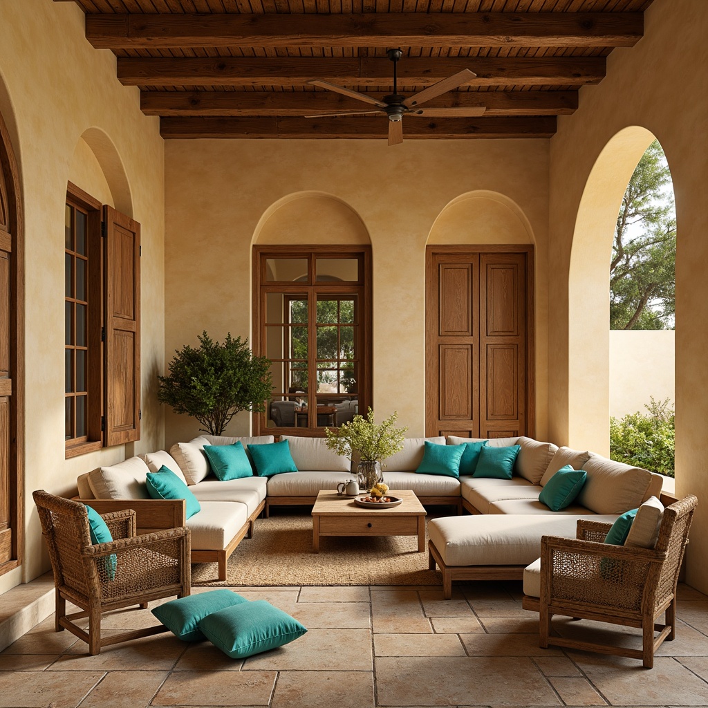 Prompt: Mediterranean villa, warm beige walls, rustic stone floors, arched windows, ornate wooden doors, cozy living room, plush sectional sofas, distressed wood coffee tables, woven rattan armchairs, vibrant turquoise accents, natural fiber rugs, soft golden lighting, 1/1 composition, intimate atmosphere, realistic textures, ambient occlusion.