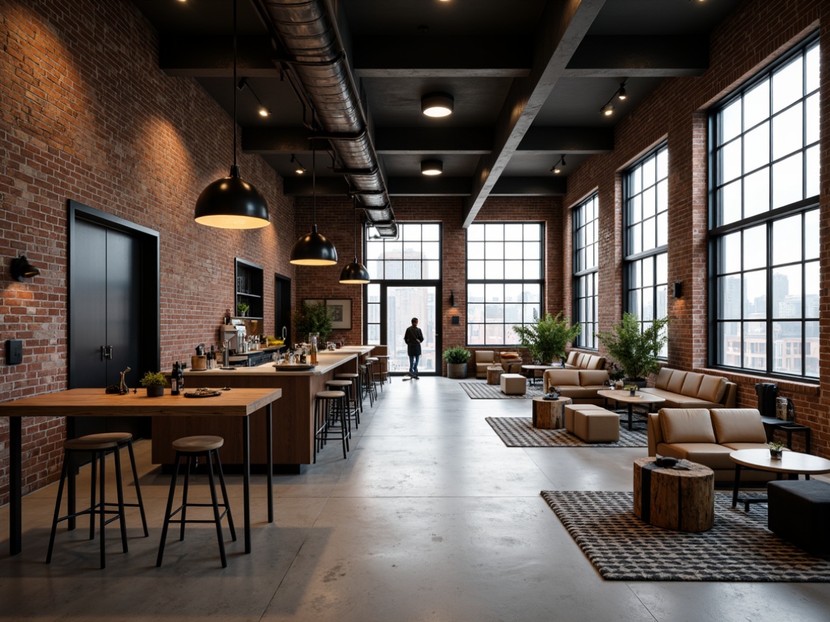 Prompt: Exposed brick walls, metal beams, polished concrete floors, industrial-style lighting fixtures, reclaimed wood accents, vintage manufacturing equipment, urban cityscape views, minimalist decor, neutral color palette, functional modern furniture, geometric patterned rugs, steel framed doors, large windows, natural light, airy open spaces, communal lounges, sleek bar counters, rustic wooden tables, metal stools, industrial-chic decorative elements, distressed finishes, edgy architectural details, moody atmospheric lighting, shallow depth of field, 1/2 composition, cinematic view.