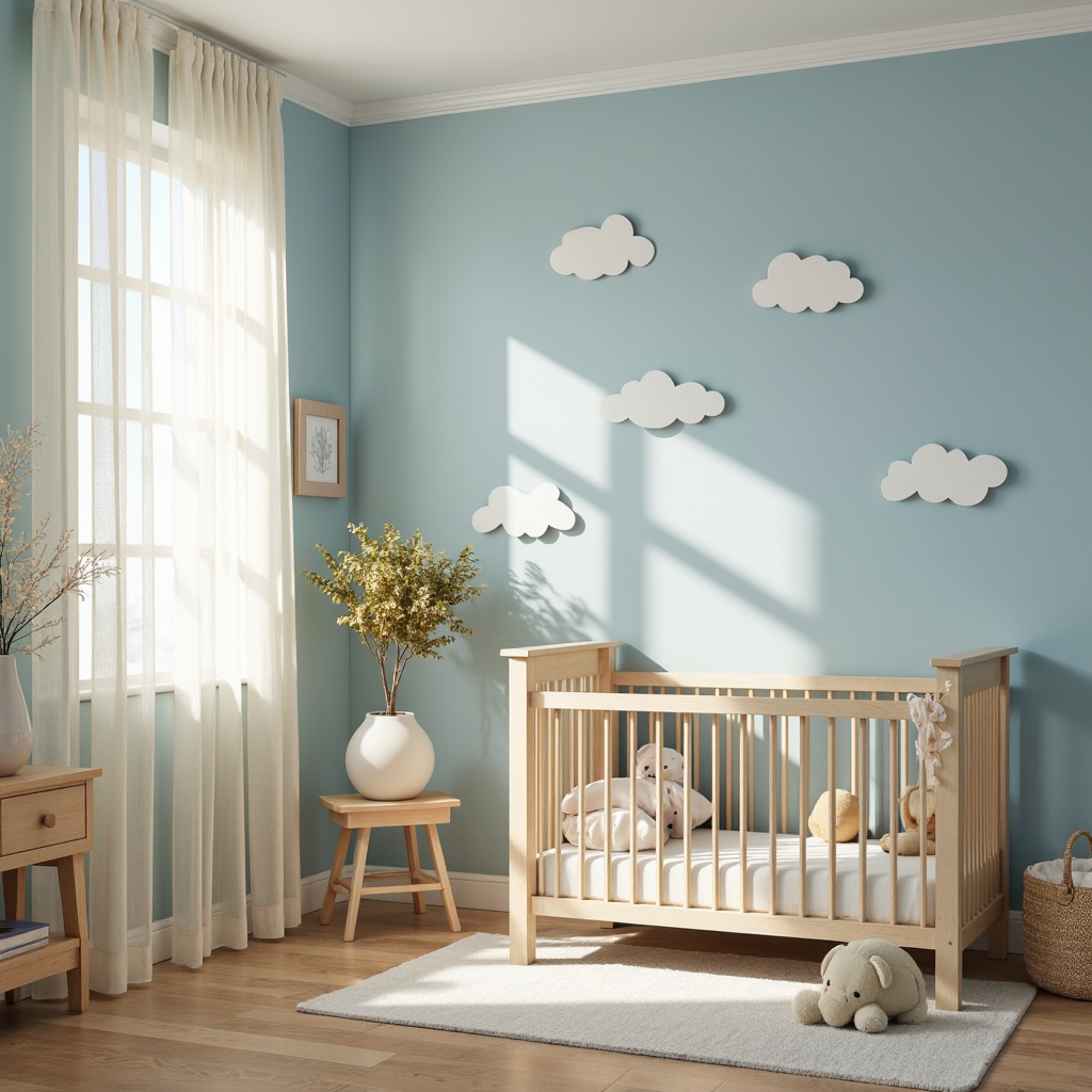 Prompt: Soft baby blue nursery, gentle cream accents, delicate white lace, plush toys, wooden crib, natural light pouring in, sheer curtains, subtle texture, calming atmosphere, warm beige flooring, softbox lighting, 1/1 composition, realistic rendering, pastel colors, gentle shadows.Please let me know if you need any adjustments!