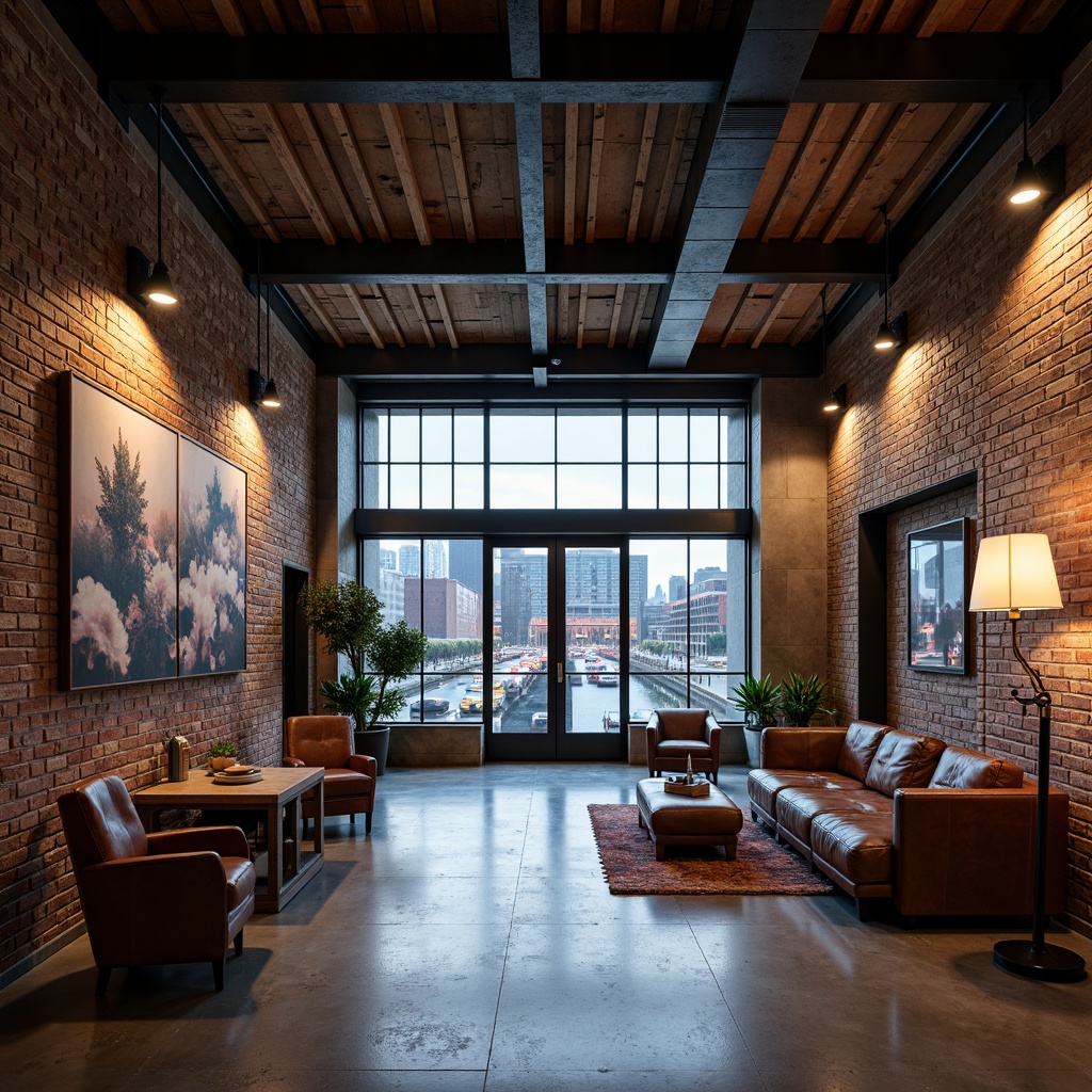 Prompt: Exposed brick walls, metal beams, reclaimed wood accents, polished concrete floors, industrial-style lighting fixtures, minimalist decor, urban landscape views, modern cityscape, busy streets, neon signs, steel doors, raw concrete textures, edgy architectural lines, functional furniture, distressed leather sofas, metallic color schemes, high ceilings, open-plan spaces, abstract artwork, moody atmospheric lighting, dramatic shadows, 3/4 composition, cinematic perspective.