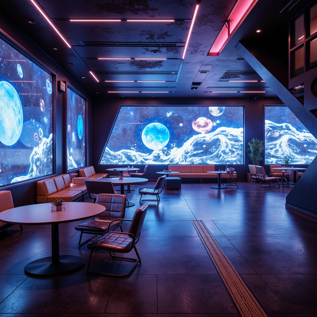 Prompt: Futuristic interior space, sleek metallic chairs, minimalist tables, neon-lit ambiance, holographic projections, virtual reality interfaces, avant-garde art installations, polished concrete floors, angular architecture, geometric patterns, vibrant LED lighting, dynamic shadows, shallow depth of field, 3/4 composition, panoramic view, realistic textures, ambient occlusion.