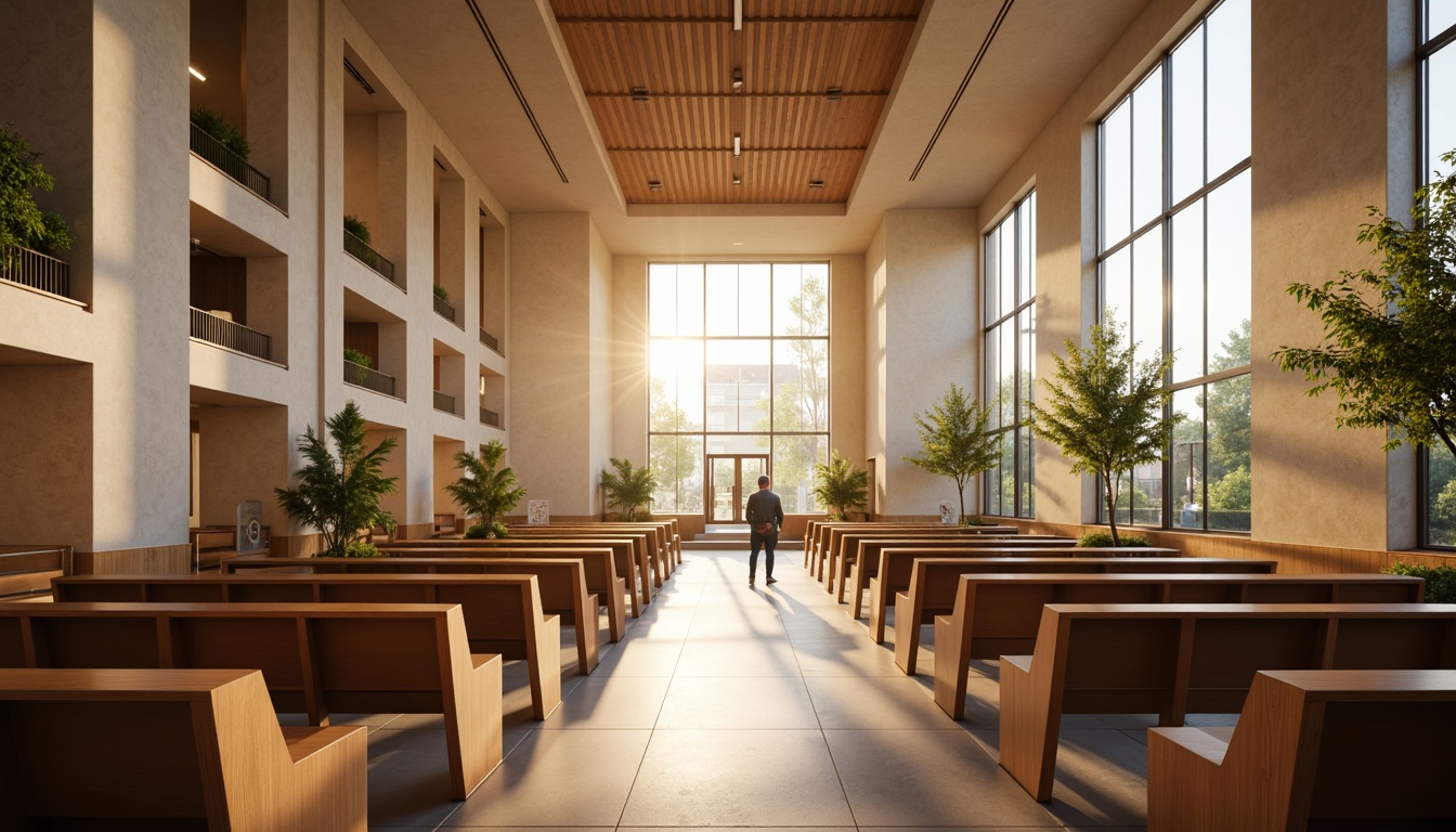 Prompt: Streamlined modern church interior, minimal ornate details, curved wooden pews, polished stone flooring, stained glass windows, high ceilings, reverberant acoustics, sound-absorbing materials, strategically placed speakers, subtle ambient lighting, warm beige color scheme, natural textiles, organic shapes, calm atmosphere, peaceful ambiance, soft warm glow, shallow depth of field, 1/1 composition, realistic textures, ambient occlusion.