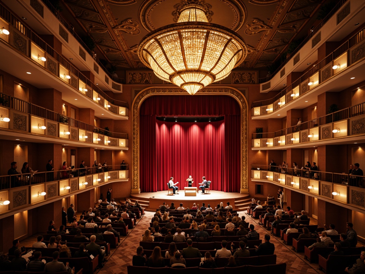 Prompt: Grand concert hall, luxurious red velvet curtains, ornate golden chandeliers, LED stage lights, spotlights, dimmable ceiling fixtures, crystal sconces, contemporary pendant lamps, polished marble floors, rich wood paneling, plush audience seating, elegant balconies, dramatic architectural columns, sophisticated sound systems, evening ambiance, soft warm glow, high contrast lighting, 1/1 composition, shallow depth of field, realistic reflections.