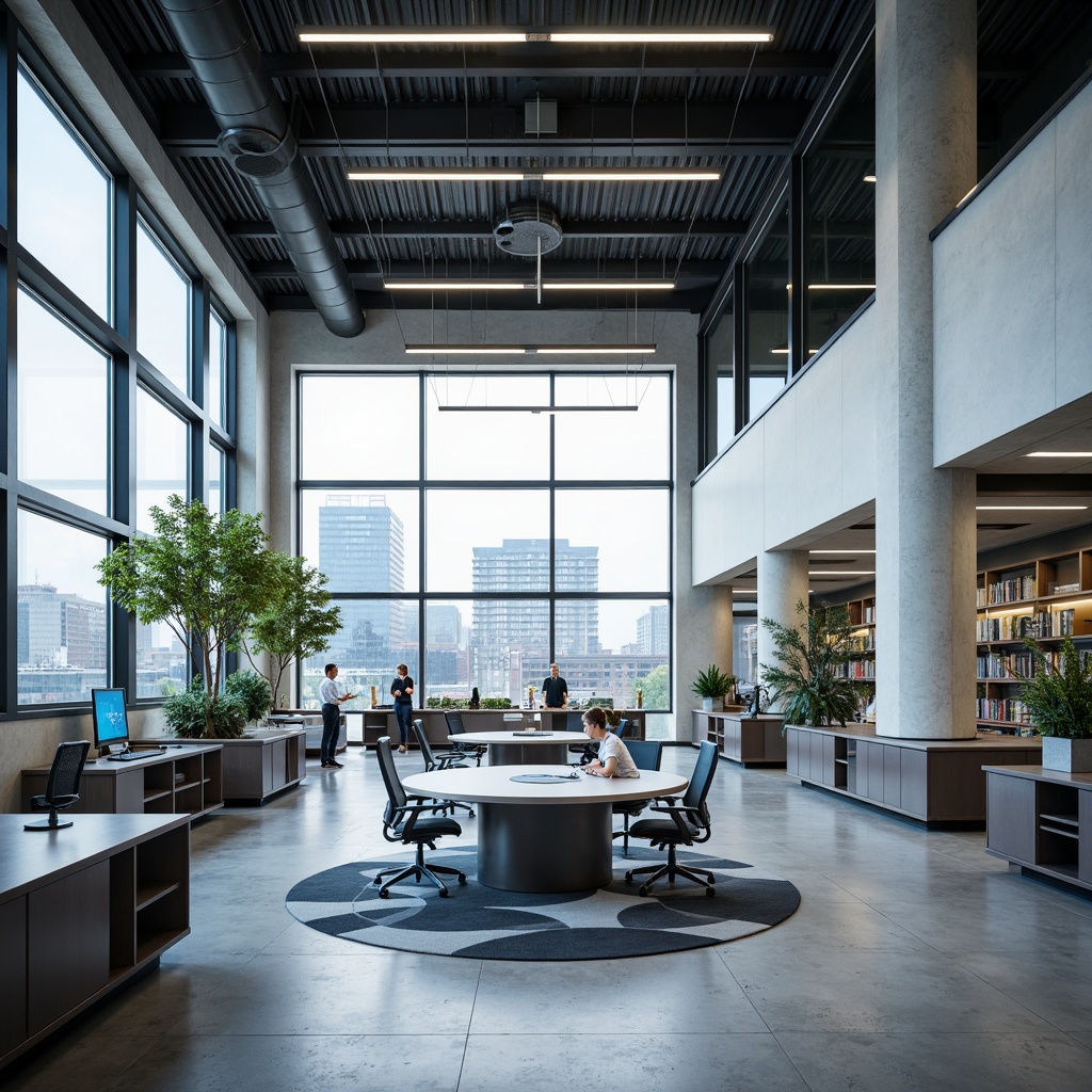 Prompt: Modern science center interior, sleek metallic workstations, ergonomic chairs, interactive display screens, futuristic laboratory equipment, minimalist shelving units, circular meeting tables, collaborative workspace areas, abundant natural light, floor-to-ceiling windows, polished concrete floors, geometric patterned rugs, calming color scheme, soft overhead lighting, 1/1 composition, symmetrical balance, realistic textures, ambient occlusion.