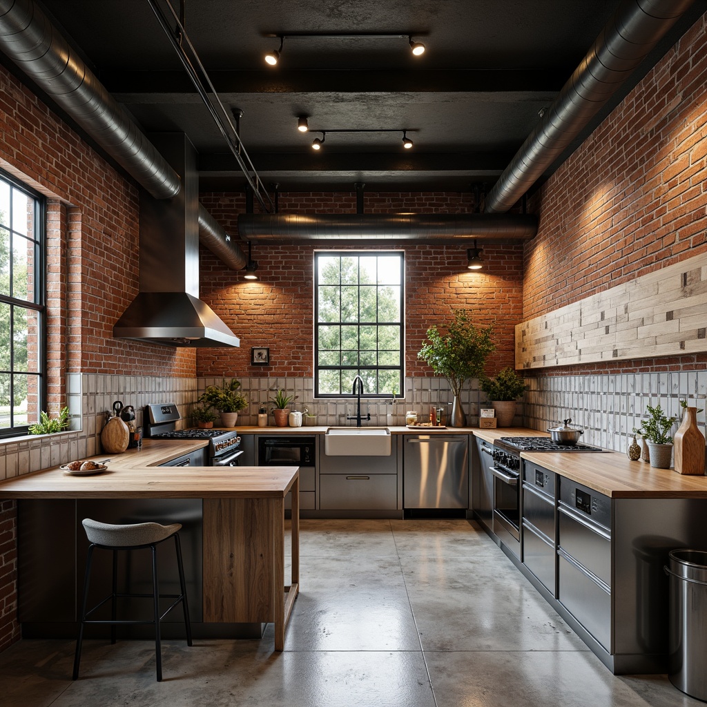 Prompt: Industrial-chic kitchen, exposed brick walls, polished concrete floors, minimalist cabinetry, sleek metal countertops, industrial-style lighting fixtures, geometric-shaped tiles, bold color schemes, functional storage solutions, modern appliances, stainless steel accents, natural wood island, minimalist decor, urban loft atmosphere, high-contrast lighting, 1/1 composition, shallow depth of field, realistic textures.