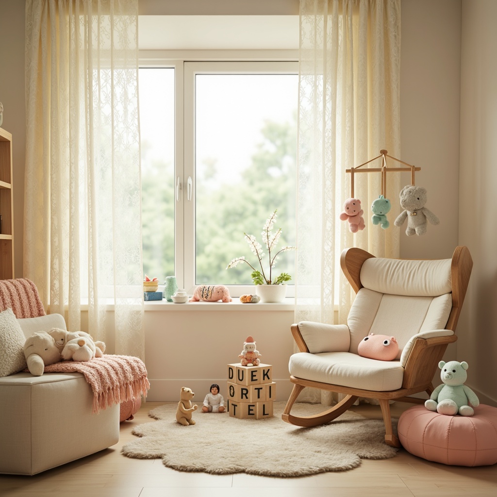 Prompt: Soft pastel hues, gentle nursery rhymes, baby blocks, stuffed animals, crib mobiles, plush toys, warm beige walls, creamy whites, pale blues, minty freshness, soft peach tones, calming ambiance, natural light pouring in, delicate lace curtains, wooden rocking chairs, vintage baby clothes, tender loving moments, 3/4 composition, shallow depth of field, realistic textures, ambient occlusion.