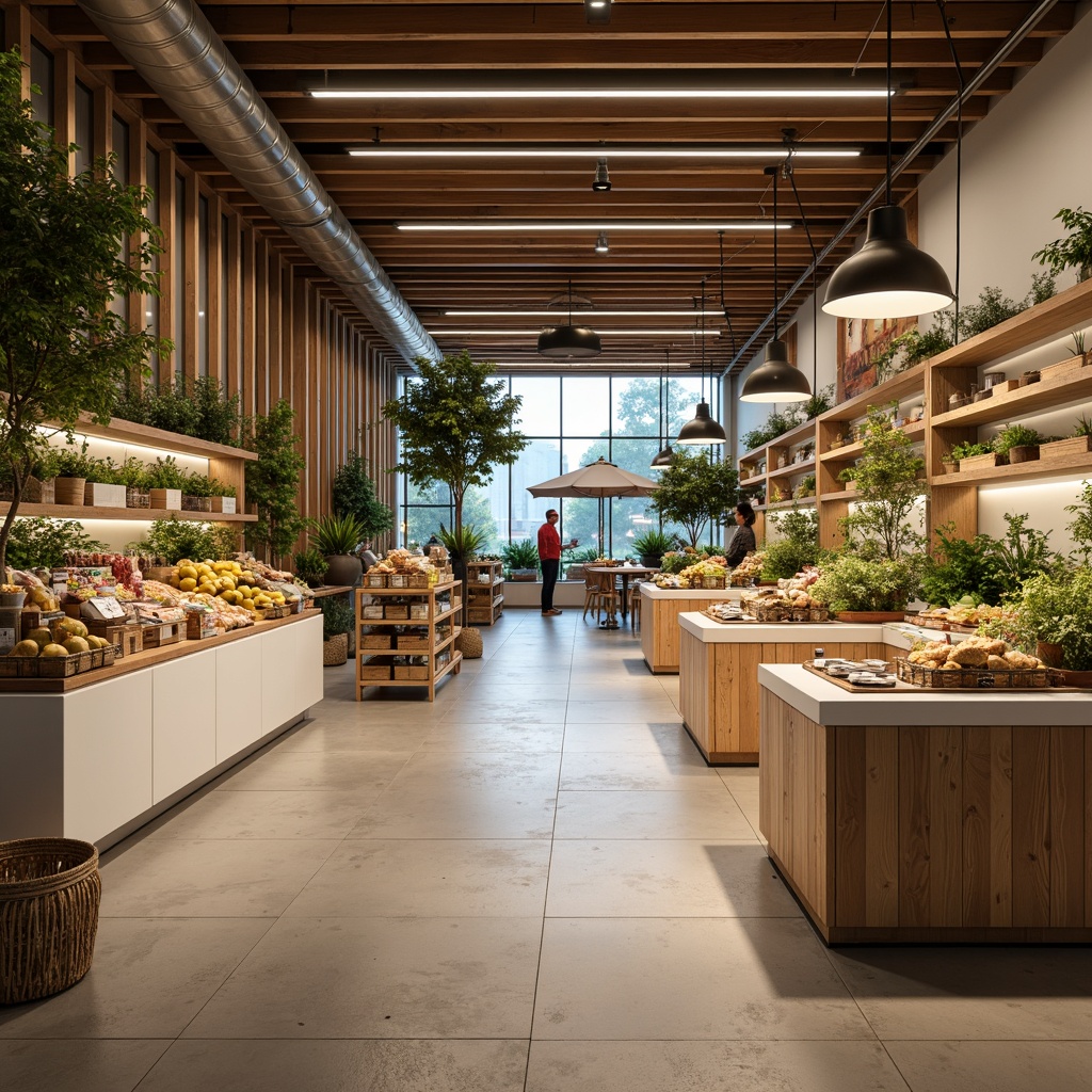 Prompt: Warm and inviting Scandinavian-style grocery store interior, natural wood accents, minimal ornamentation, soft warm lighting, pendant lamps, recessed ceiling lights, LED strip lights, matte white finishes, pale wood tones, clean lines, simple shapes, industrial-chic decor, exposed ductwork, polished concrete floors, rustic wooden crates, woven baskets, abundant greenery, living walls, earthy color palette, cozy atmosphere, 1/1 composition, shallow depth of field, realistic textures, ambient occlusion.