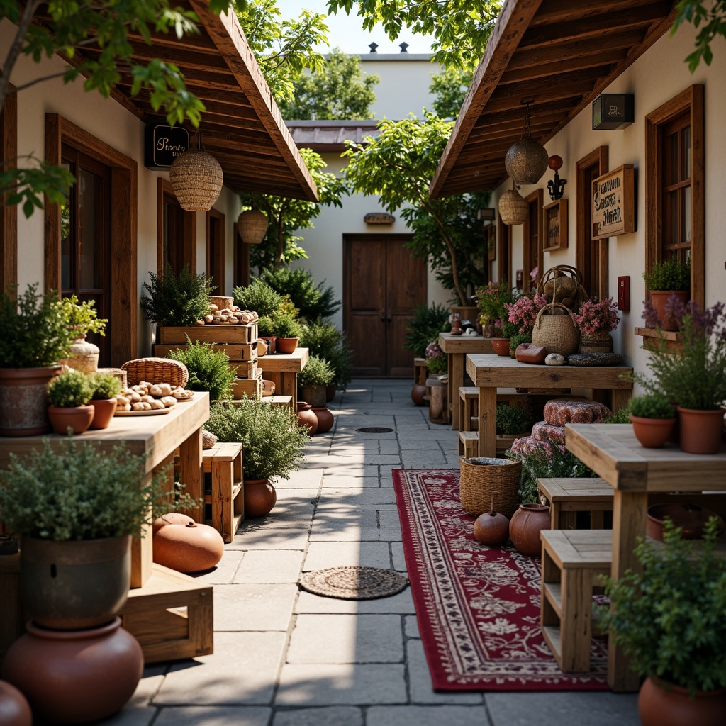 Prompt: Vibrant market stalls, eclectic vendor displays, worn wooden crates, distressed metal signage, rustic stone flooring, earthy terracotta pots, lush greenery, woven wicker baskets, vintage fabric textiles, richly patterned rugs, warm soft lighting, shallow depth of field, 1/1 composition, realistic textures, ambient occlusion.