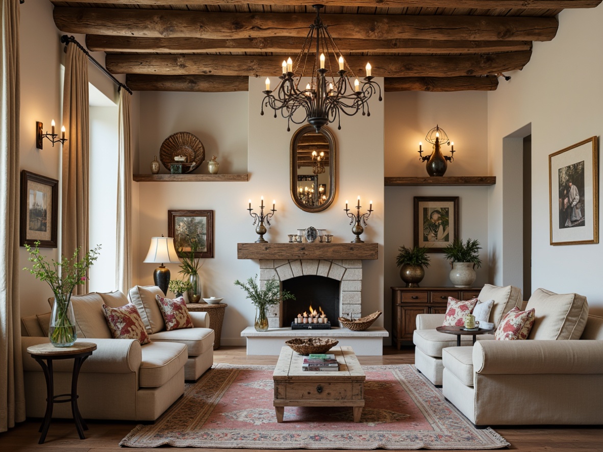 Prompt: Rustic French country estate, distressed wood beams, vintage metal lanterns, soft warm candlelight, ornate iron chandeliers, creamy white walls, rustic stone fireplaces, natural linen drapes, floral patterns, antique furniture pieces, woven wicker baskets, mercury glass vases, distressed leather armchairs, elegant crystal drops, warm bronze accents, layered textiles, cozy reading nooks, softbox lighting, warm color temperature, shallow depth of field, 2/3 composition.