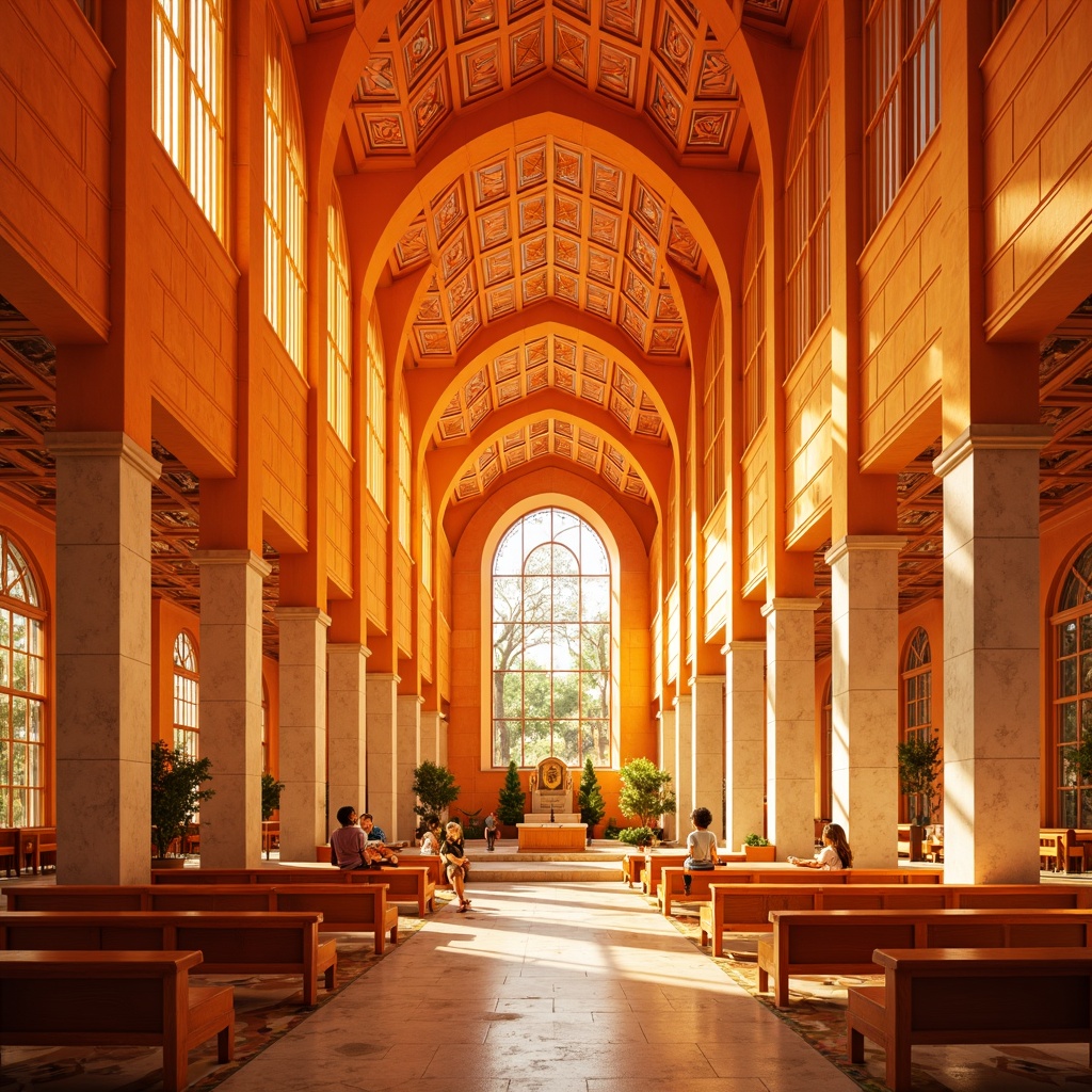 Prompt: Vibrant tangerine hues, modern religious complex, sleek angular lines, minimalist sacred spaces, warm natural light, stained glass windows, intricate geometric patterns, ornate metalwork details, polished marble floors, creamy white stone walls, subtle LED lighting accents, shallow depth of field, 3/4 composition, panoramic view, realistic textures, ambient occlusion.