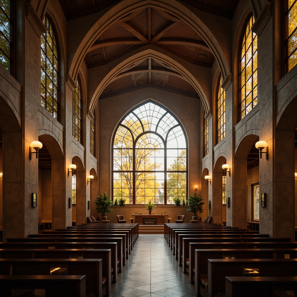 Prompt: Ethereal chapel, stained glass windows, soft warm glow, candlelit ambiance, minimalist pendant lights, sleek metal fixtures, natural stone walls, vaulted ceilings, subtle color palette, serene atmosphere, gentle illumination, dramatic spotlighting, ambient shadows, mystical aura, peaceful ambiance, reverent silence, 1/1 composition, shallow depth of field, realistic textures.