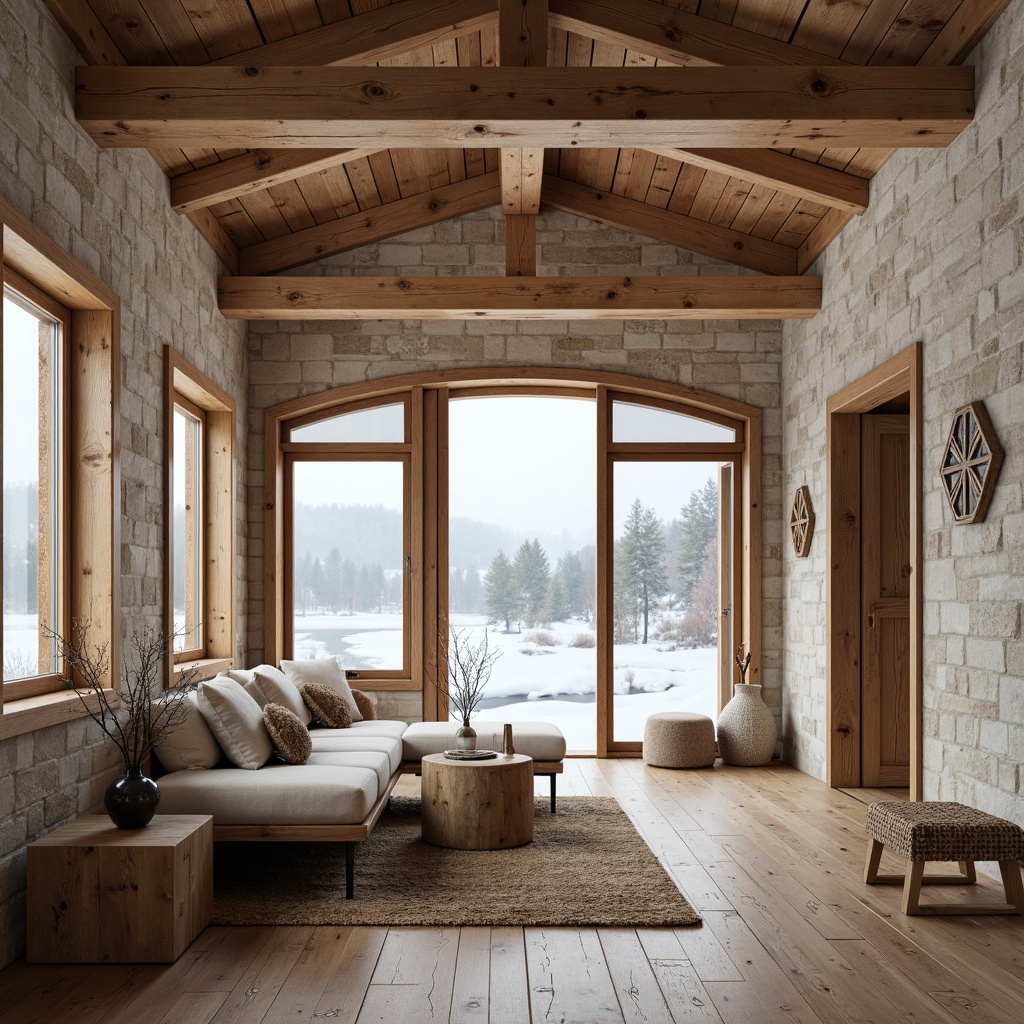 Prompt: Rustic wooden cabins, natural stone walls, rough-hewn timber frames, minimalist decor, light-filled interior spaces, Nordic-inspired color palette, beige stucco exteriors, pitched roofs, snow-covered landscapes, frozen lakes, misty forests, soft diffused lighting, shallow depth of field, 1/2 composition, realistic textures, ambient occlusion, wooden accents, woven textiles, organic patterns, earthy tones.