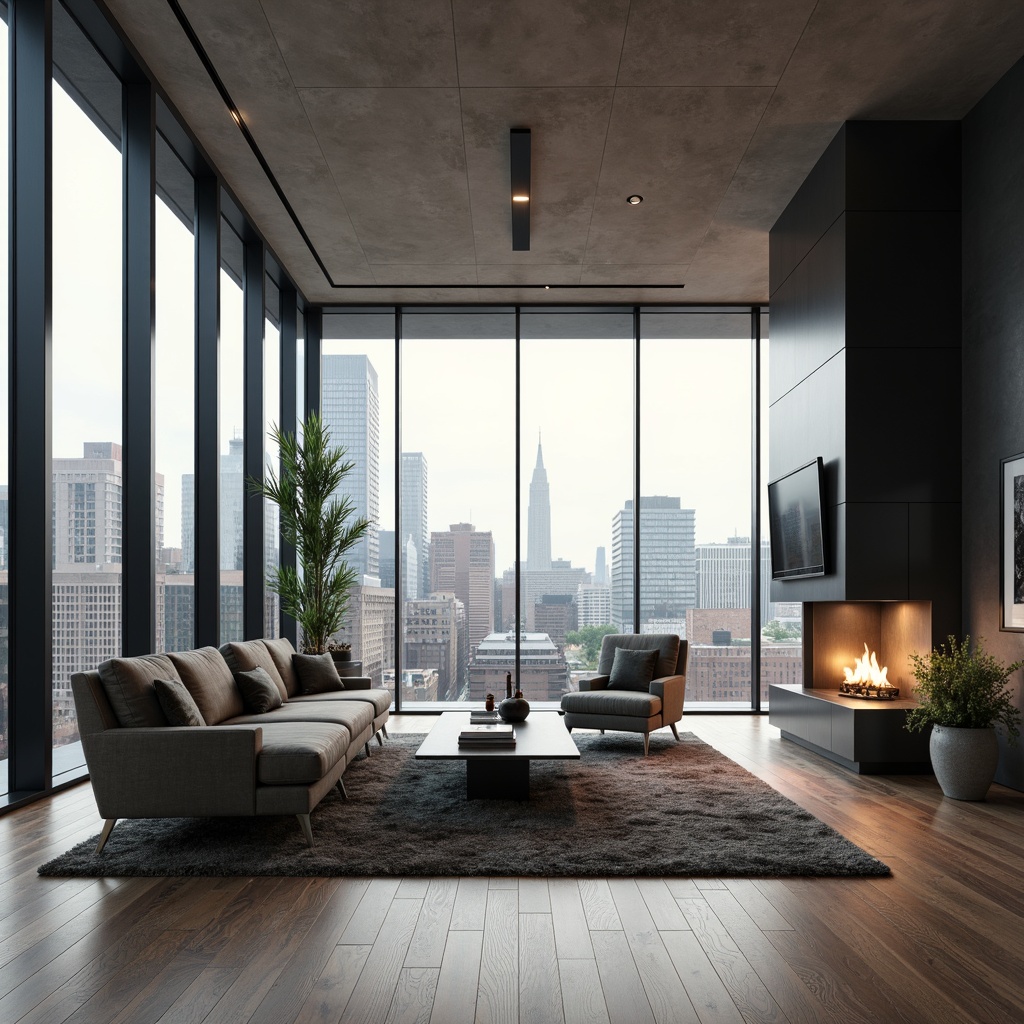 Prompt: Streamlined modern interior, minimalist decor, sleek low-profile furniture, polished chrome accents, matte black finishes, plush area rugs, floor-to-ceiling windows, natural light pouring in, urban cityscape views, calm atmosphere, subtle color palette, 3/4 composition, shallow depth of field, soft warm lighting, realistic textures, ambient occlusion.