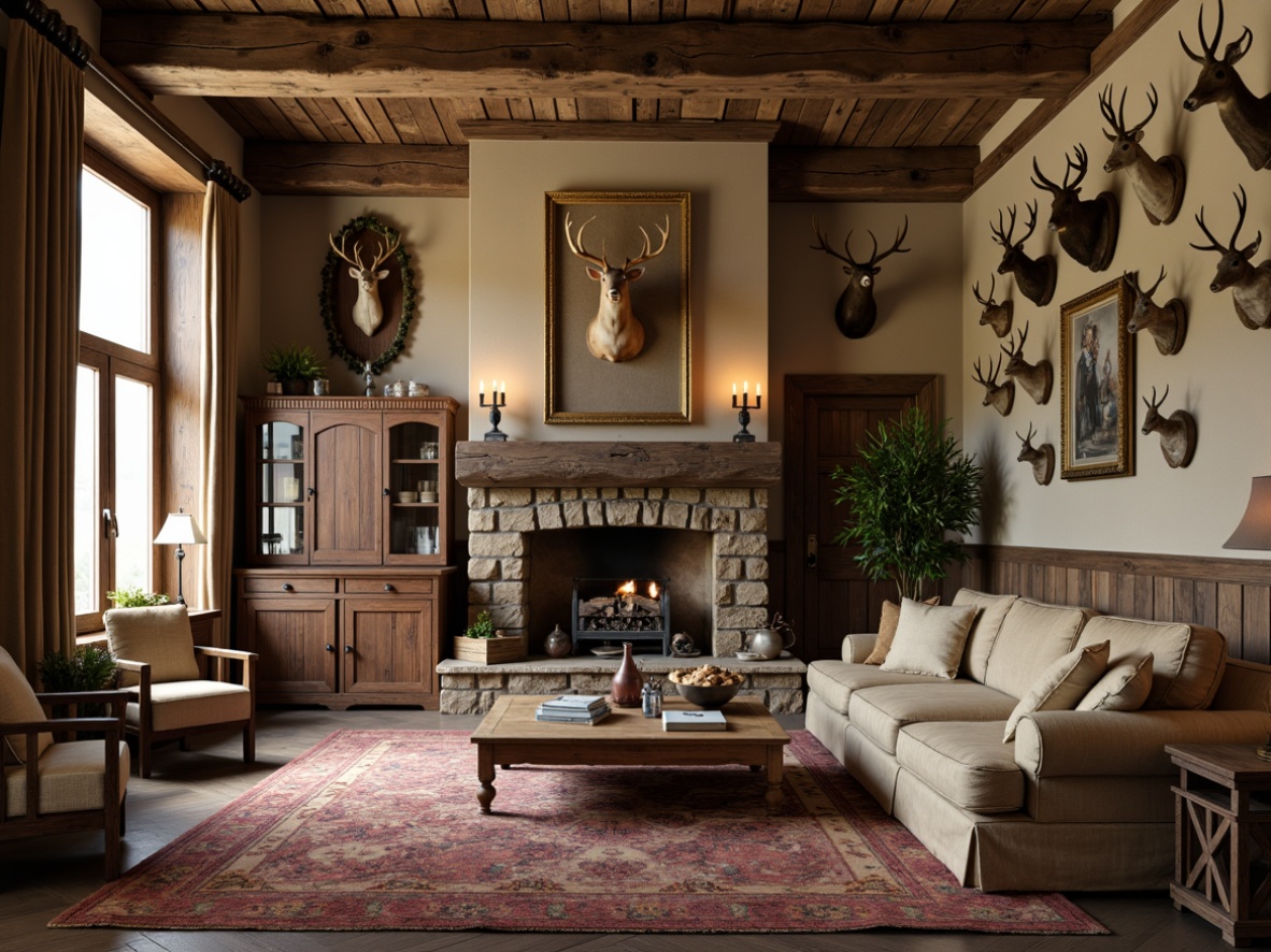 Prompt: Rustic game room, distressed wood furniture, vintage hunting trophies, earthy color palette, natural fabrics, linen upholstery, velvet drapes, embroidered patterns, floral motifs, soft warm lighting, cozy ambiance, wooden ceiling beams, stone fireplace, plush area rugs, comfortable seating, classic country decor, subtle elegance, relaxed sophistication.