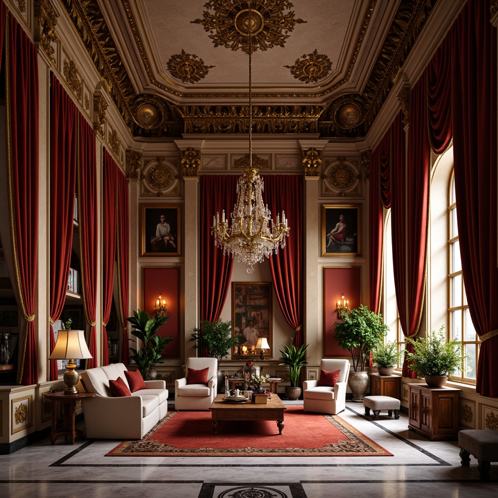 Prompt: Renaissance-inspired interior, warm earthy tones, rich jewel colors, golden accents, ornate patterns, luxurious fabrics, intricate carvings, grand chandeliers, high ceilings, marble floors, velvet drapes, classic furniture, subtle texture overlays, warm soft lighting, dramatic shadows, atmospheric ambiance, 1/2 composition, cinematic view, realistic render, detailed normal maps.