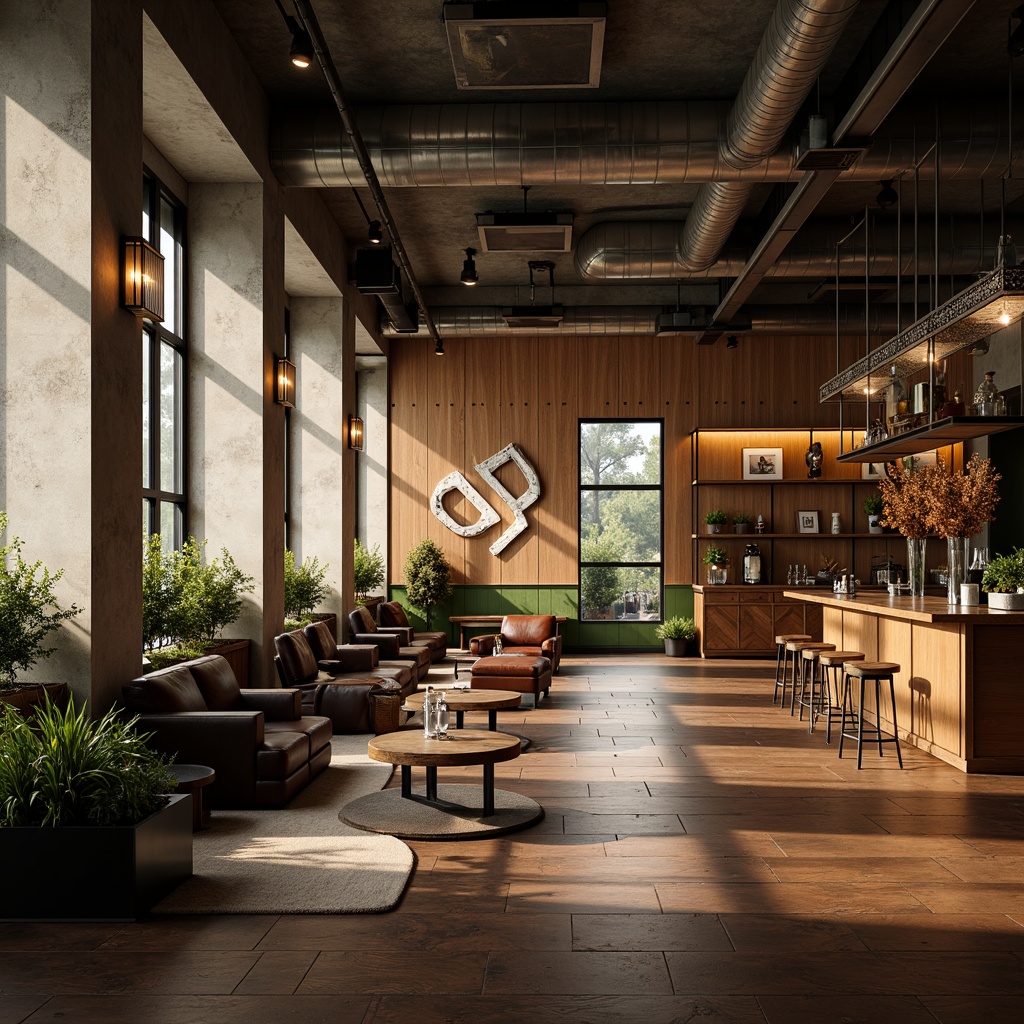 Prompt: Polished chrome accents, matte black steel beams, exposed concrete ceilings, industrial-style lighting fixtures, reclaimed wood wall panels, rich leather upholstery, bold geometric patterns, minimalist decor, atmospheric misting systems, warm golden lighting, shallow depth of field, 2/3 composition, cinematic view, realistic reflections, ambient occlusion.