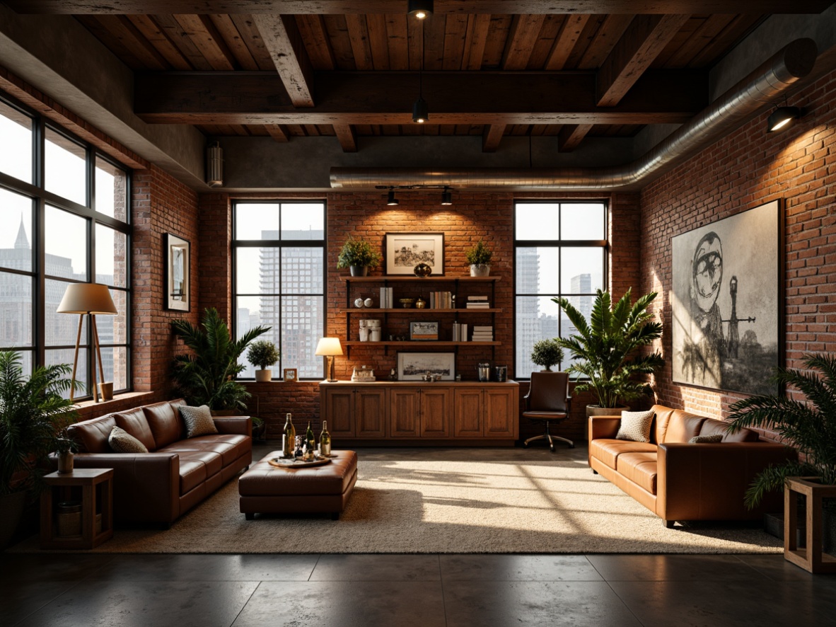 Prompt: Rustic industrial hotel lobby, exposed brick walls, metal beams, reclaimed wood accents, vintage machinery displays, distressed leather furniture, rich brown color scheme, warm golden lighting, concrete floors, urban cityscape views, gritty textures, cinematic shallow depth of field, 1/1 composition, dramatic high contrast, realistic ambient occlusion.