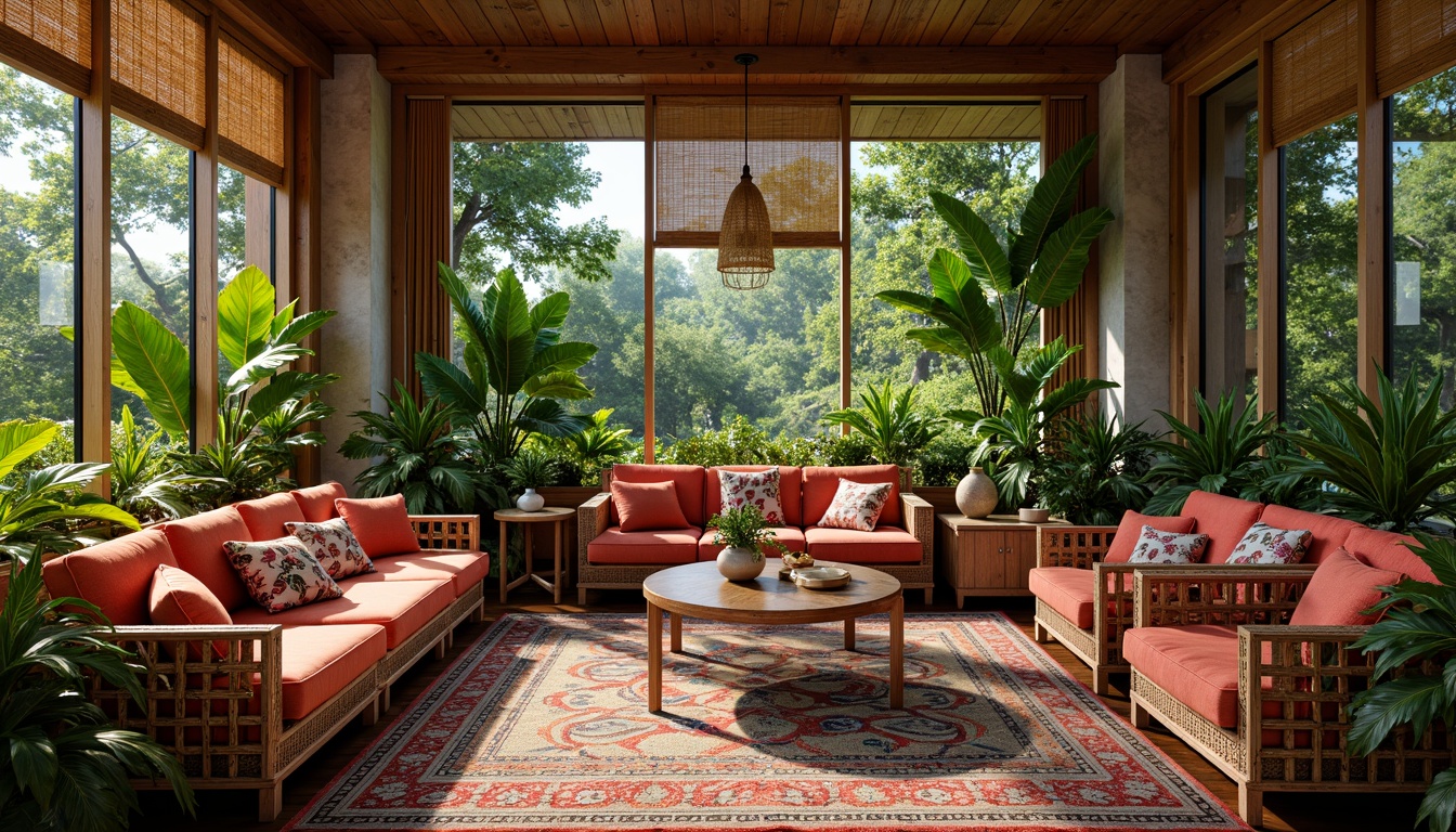 Prompt: Vibrant tropical flowers, lush greenery, woven rattan furniture, natural wood accents, woven bamboo textiles, colorful tribal patterns, bold geometric motifs, exotic hardwood floors, plush velvet upholstery, metallic gold accessories, warm soft lighting, shallow depth of field, 3/4 composition, panoramic view, realistic textures, ambient occlusion.