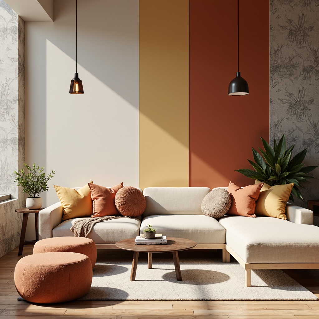 Prompt: Vibrant modern interior, sleek minimalist furniture, bold accent walls, pastel color scheme, soft warm lighting, natural wood textures, creamy whites, rich charcoal grays, earthy terracotta tones, industrial metal accents, geometric patterns, 1/2 composition, shallow depth of field, realistic renderings, ambient occlusion.