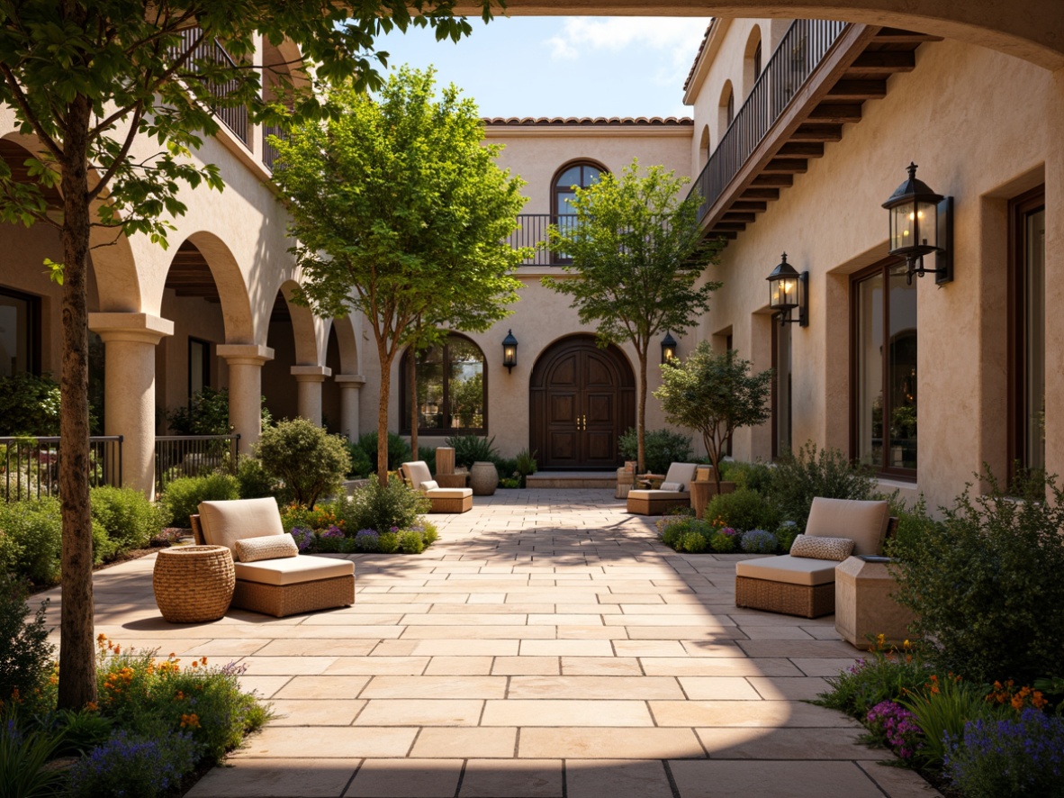 Prompt: Tranquil Mediterranean courtyard, lush greenery, vibrant flowers, ornate fountains, rustic stone walls, arched walkways, wooden trellises, elegant columns, grand entrance gates, wrought iron details, soft warm lighting, shallow depth of field, 1/1 composition, intimate atmosphere, natural textures, ambient occlusion, earthy color palette, terracotta tiles, stucco exteriors, curved lines, ornate decorations, cozy seating areas, fragrant herbs, warm sunny day.