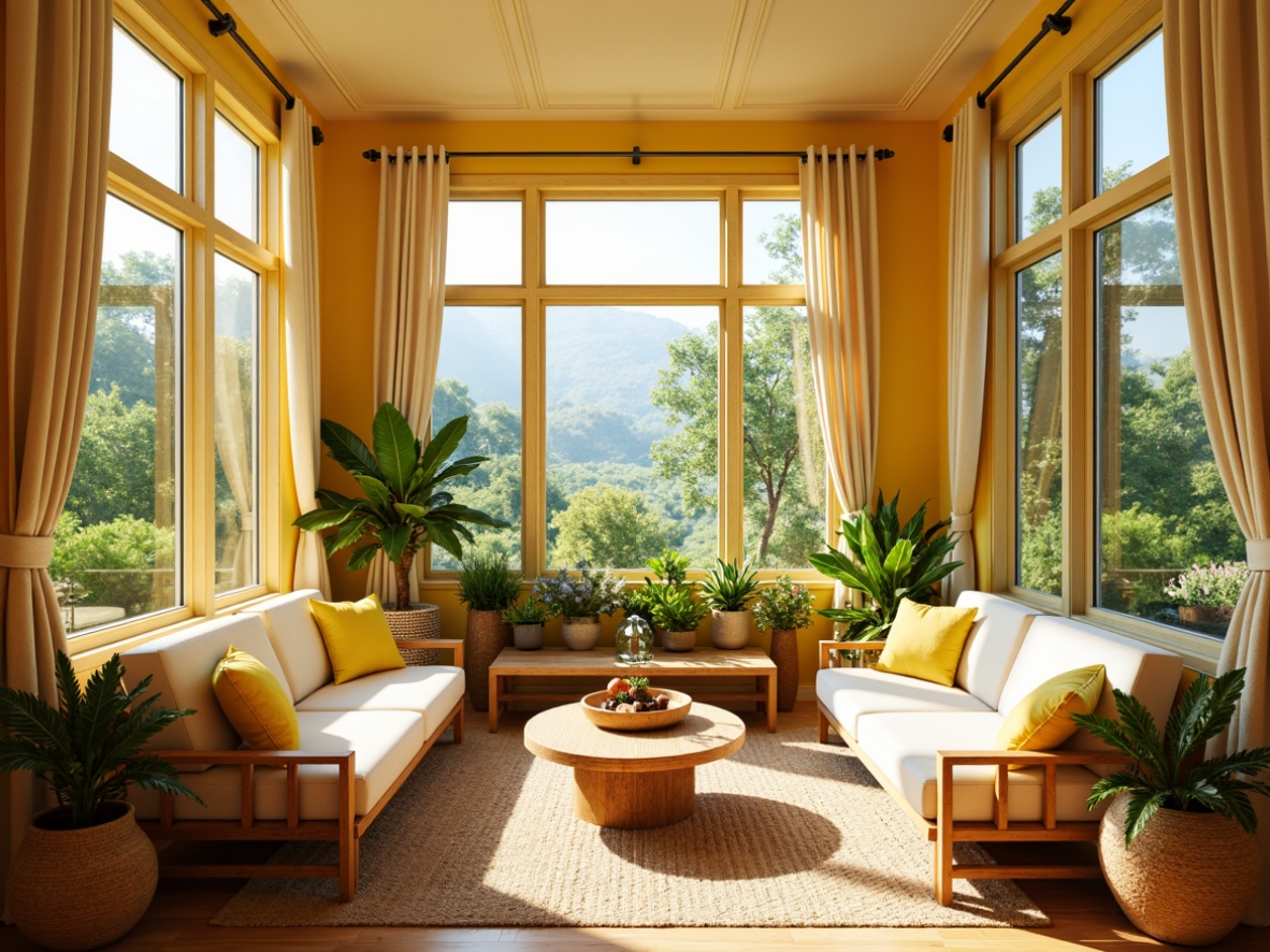 Prompt: Vibrant sunroom interior, warm natural light, bright yellow walls, creamy white furniture, lush green plants, wooden accents, rattan decor, soft beige curtains, earthy terracotta pots, refreshing citrus colors, calming blue undertones, warm golden lighting, shallow depth of field, 1/1 composition, panoramic view, realistic textures, ambient occlusion.