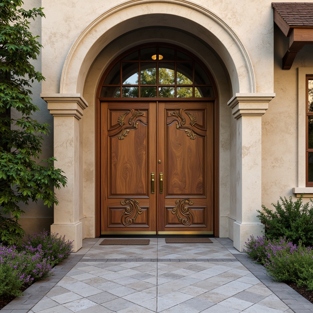 Prompt: Grand entrance, ornate wooden doors, carved door frames, polished brass hardware, elegant archways, classic columns, symmetrical facade, neutral color palette, warm beige tones, rustic stone walls, lush greenery, blooming flowers, natural light, soft warm glow, shallow depth of field, 1/1 composition, realistic textures, ambient occlusion.