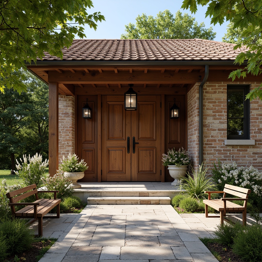 Prompt: Grand traditional entrance, ornate wooden doors, elegant door handles, classic lanterns, welcoming porch, comfortable benches, rustic stone pathways, lush greenery, blooming flowers, natural brick walls, charming roof tiles, soft warm lighting, subtle shadows, 3/4 composition, realistic textures, ambient occlusion.