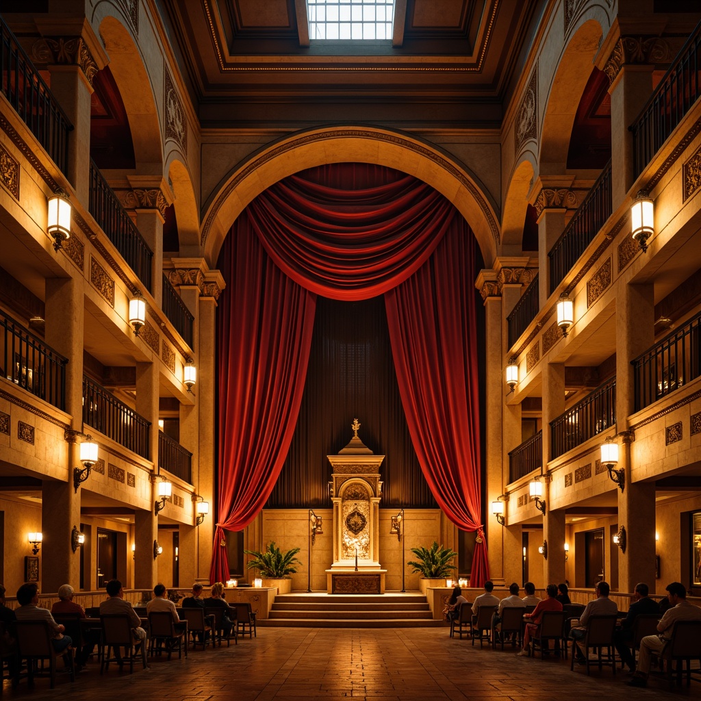 Prompt: Renaissance-style amphitheater, warm golden lighting, soft lanterns, ornate metalwork, grand archways, columned structures, red velvet curtains, luxurious fabric draping, majestic stone walls, intricately carved wooden accents, warm beige stonework, subtle candlelight, dramatic spotlights, ambient glow, layered illumination, 1/2 composition, symmetrical framing, high-contrast ratio, rich textures, realistic reflections.