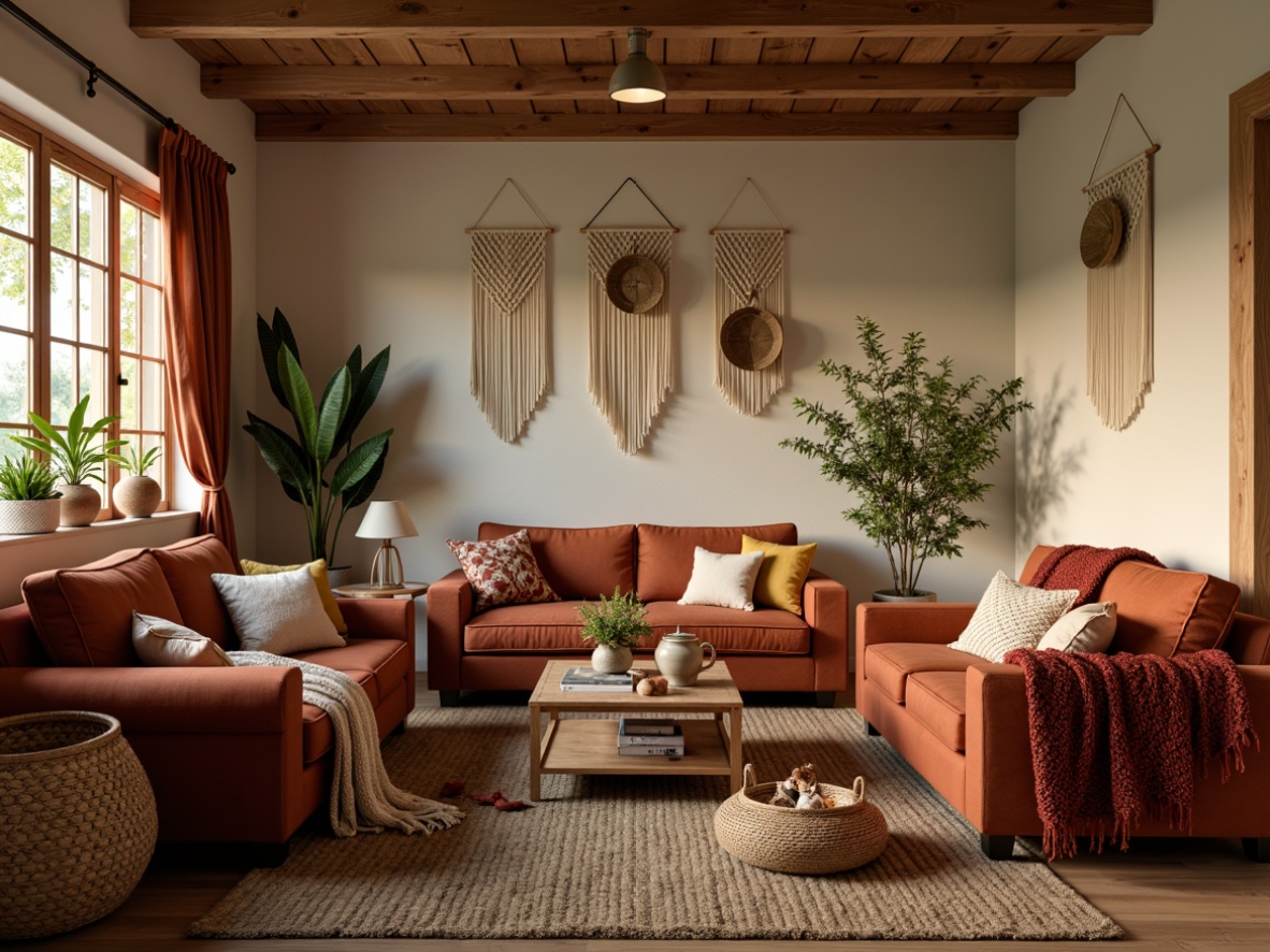 Prompt: Cozy living room, plush throw blankets, velvet sofas, woven baskets, natural fiber rugs, chunky knit pillows, macrame wall hangings, earthy tone colors, warm golden lighting, shallow depth of field, 1/1 composition, realistic textures, ambient occlusion.