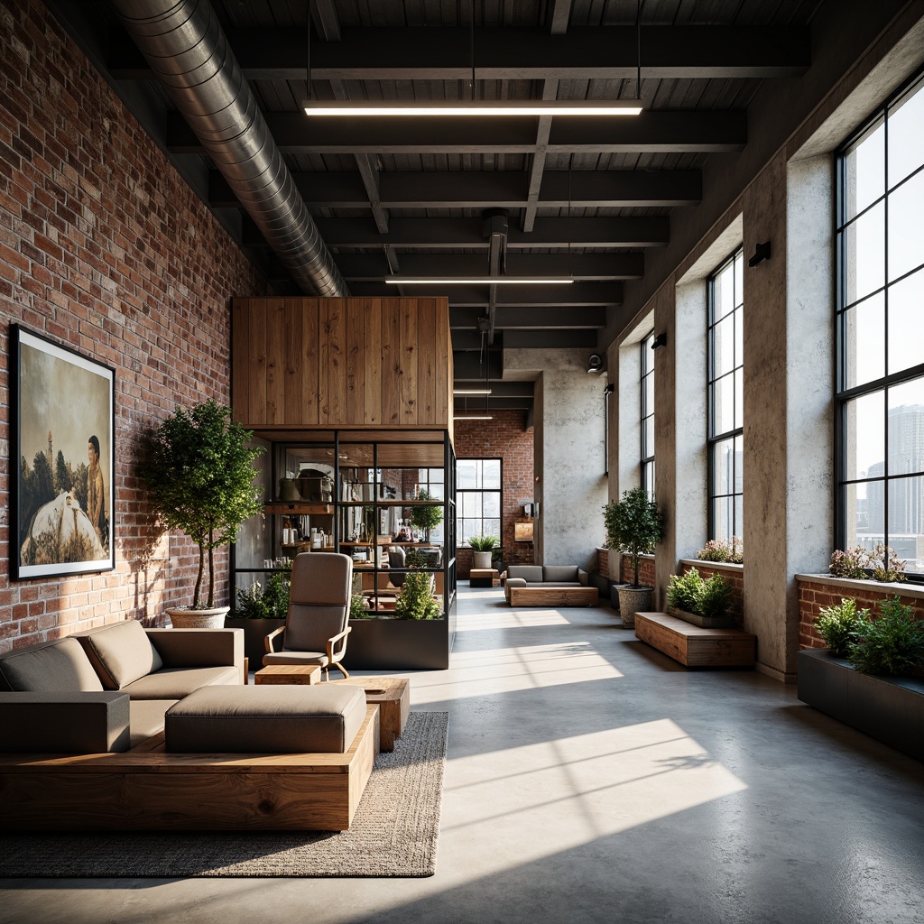 Prompt: Exposed brick walls, metallic beams, reclaimed wood accents, industrial-style lighting fixtures, polished concrete floors, modern minimalist decor, urban loft atmosphere, natural light pouring in through large windows, cityscape views, sleek lines, functional simplicity, distressed textures, monochromatic color scheme, atmospheric shadows, high ceilings, open-plan layout, functional art pieces, steel and glass partitions, reclaimed machinery parts, vintage industrial elements, warm neutral tones, softbox lighting, 3/4 composition, shallow depth of field.