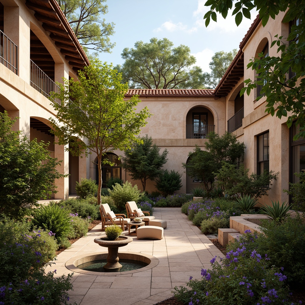 Prompt: Tranquil courtyard, lush greenery, blooming flowers, ornate fountains, rustic stone walls, arched windows, terracotta roofs, Mediterranean style architecture, warm beige stucco, decorative tile work, wrought iron railings, cozy outdoor seating, soft warm lighting, shallow depth of field, 3/4 composition, panoramic view, realistic textures, ambient occlusion.