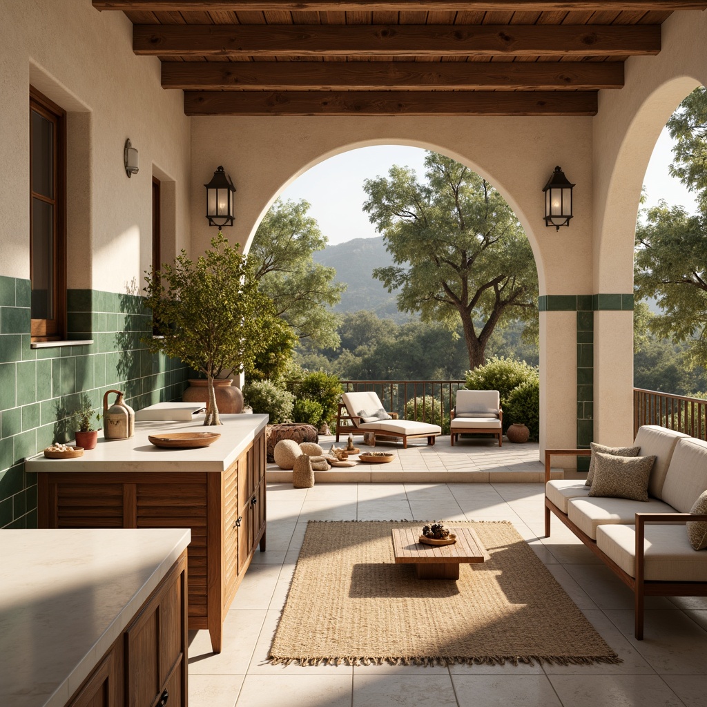 Prompt: Warm Mediterranean villa, soft beige stucco walls, rustic wooden accents, turquoise ceramic tiles, creamy white marble countertops, distressed wood furniture, woven natural fiber rugs, lush greenery, potted olive trees, warm golden lighting, shallow depth of field, 3/4 composition, realistic textures, ambient occlusion.