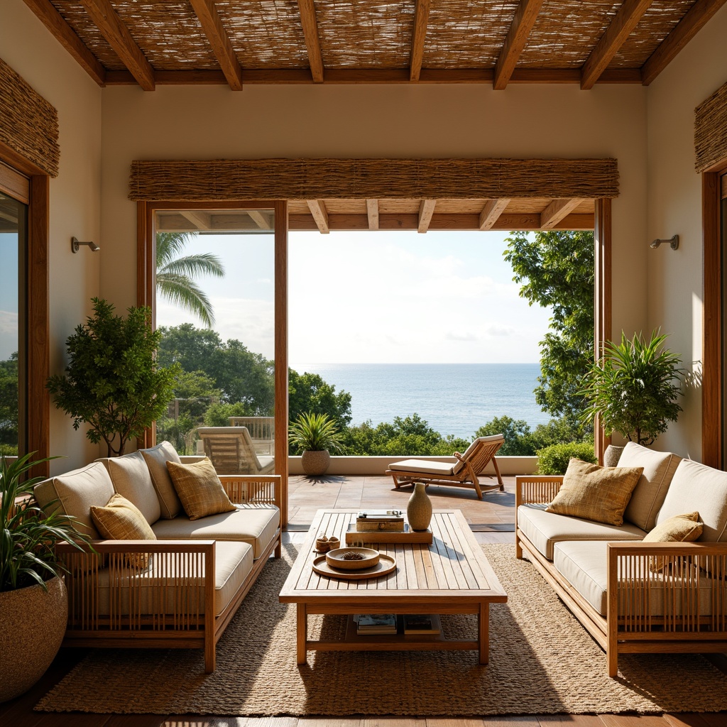 Prompt: Vibrant tropical living room, rattan furniture, plush cushions, natural fabrics, woven baskets, exotic plants, wooden accents, bamboo shades, warm beige walls, large windows, sliding glass doors, ocean views, sunny day, soft diffused lighting, shallow depth of field, 2/3 composition, relaxed atmosphere, coastal vibe, organic textures, subtle shadows.