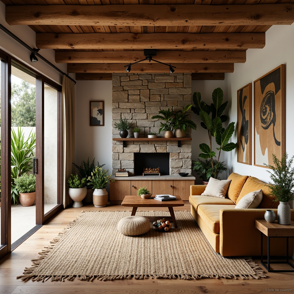 Prompt: Cozy living room, reclaimed wood accents, natural stone walls, woven jute rugs, plush velvet sofas, earthy color palette, organic shapes, minimal ornamentation, abundant greenery, potted plants, wooden floorboards, rustic metal fixtures, soft warm lighting, shallow depth of field, 1/1 composition, inviting atmosphere, eco-friendly materials, sustainable design.