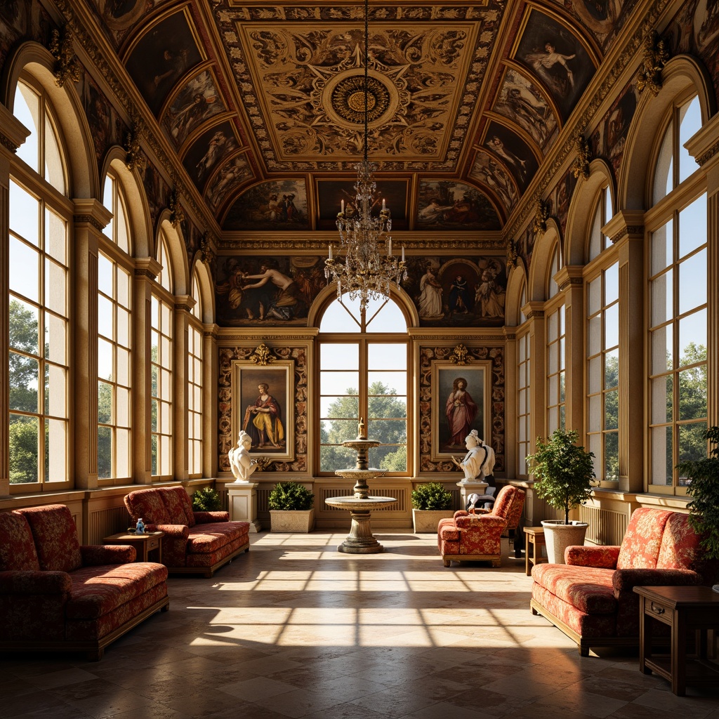 Prompt: Renaissance-style palace, ornate stone carvings, gilded moldings, grand chandeliers, lavish furnishings, rich velvet fabrics, intricate tapestries, ornamental frescoes, marble floors, decorative fountains, sculpted statues, classic columns, arched windows, warm golden lighting, soft focus, shallow depth of field, 2/3 composition, cinematic perspective.