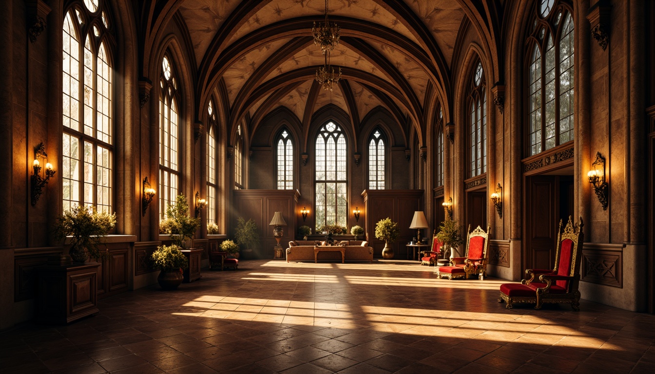 Prompt: Grandiose great room, vaulted ceilings, Gothic arches, ribbed vaults, ornate stone carvings, stained glass windows, majestic chandeliers, rich wood paneling, intricate wooden furnishings, regal thrones, crimson velvet drapes, mysterious ambiance, warm golden lighting, dramatic shadows, 1/1 composition, low-angle shot, cinematic atmosphere.