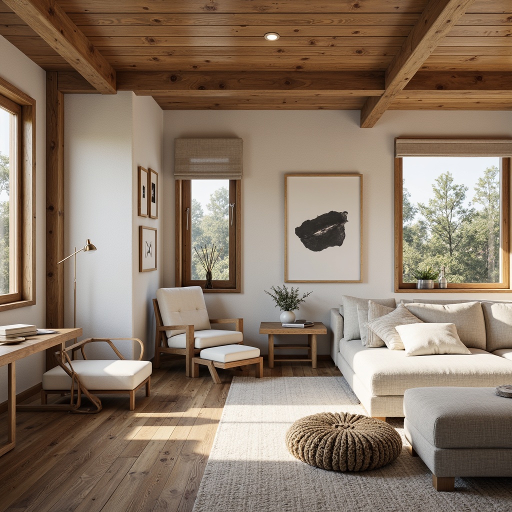 Prompt: Clean-lined Scandinavian cabin, minimal ornamentation, natural wood accents, neutral color palette, cozy textiles, simplicity-focused decor, functional furniture, abundant natural light, airy open spaces, subtle Nordic patterns, organic shapes, earthy tones, soft warm lighting, shallow depth of field, 3/4 composition, realistic textures, ambient occlusion.