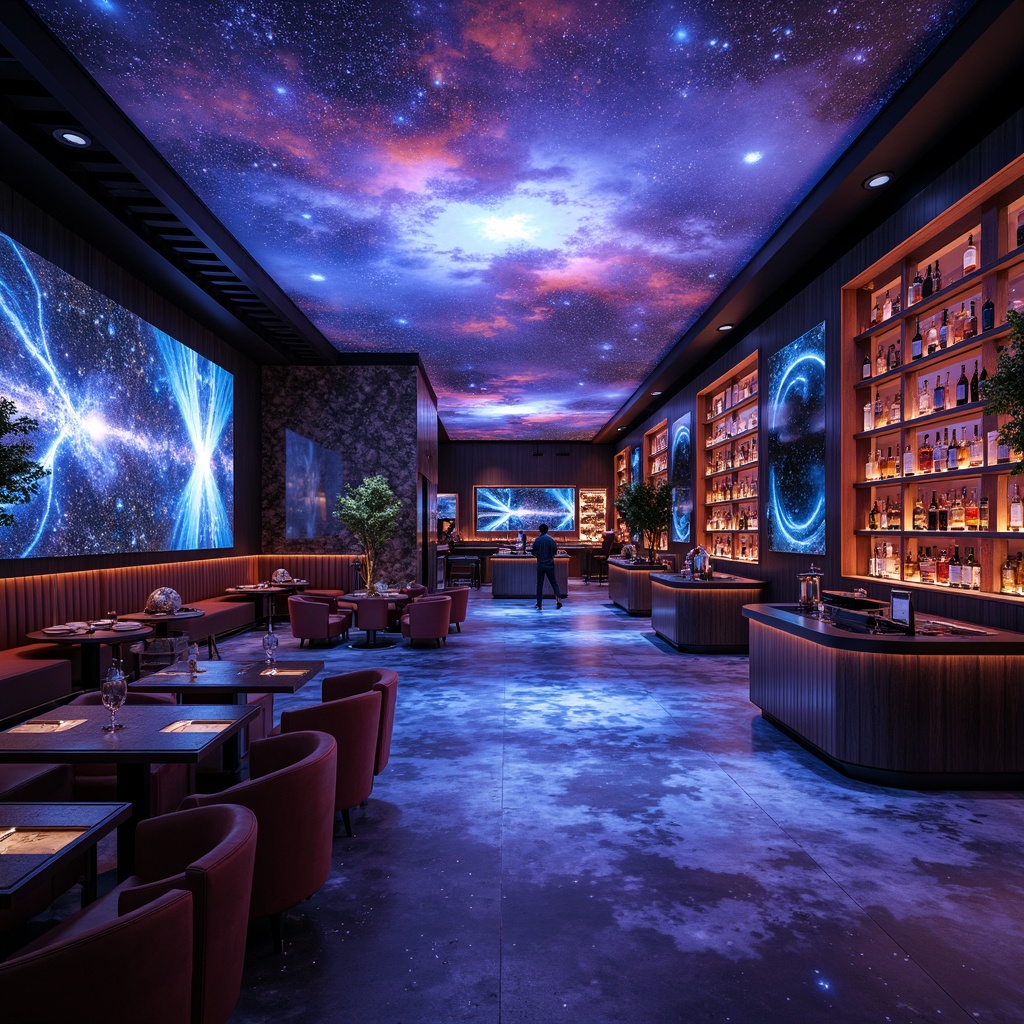 Prompt: Cosmic bar interior, nebula-inspired color scheme, starry night sky ceiling, galaxy-patterned flooring, futuristic metallic accents, sleek minimalistic seating, ambient LED lighting, holographic display screens, space-age cocktail stations, gravitational-defying sculptures, astronomical instrument decorations, otherworldly textures, reflective surfaces, avant-garde music performances, intimate VIP areas, atmospheric fog effects, dramatic spotlights, 1/2 composition, shallow depth of field, cinematic camera angles.