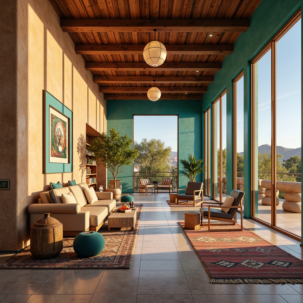 Prompt: Vibrant turquoise accents, earthy adobe walls, rustic wooden beams, woven Native American patterns, colorful ceramic tiles, natural stone flooring, plush area rugs, comfortable seating nooks, floor-to-ceiling bookshelves, warm golden lighting, soft desert landscape views, panoramic windows, modern Southwestern architecture, geometric shapes, organic forms, eclectic decorative artifacts, cozy reading areas, intimate study spaces, soft warm color palette, shallow depth of field, 1/2 composition, realistic textures, ambient occlusion.