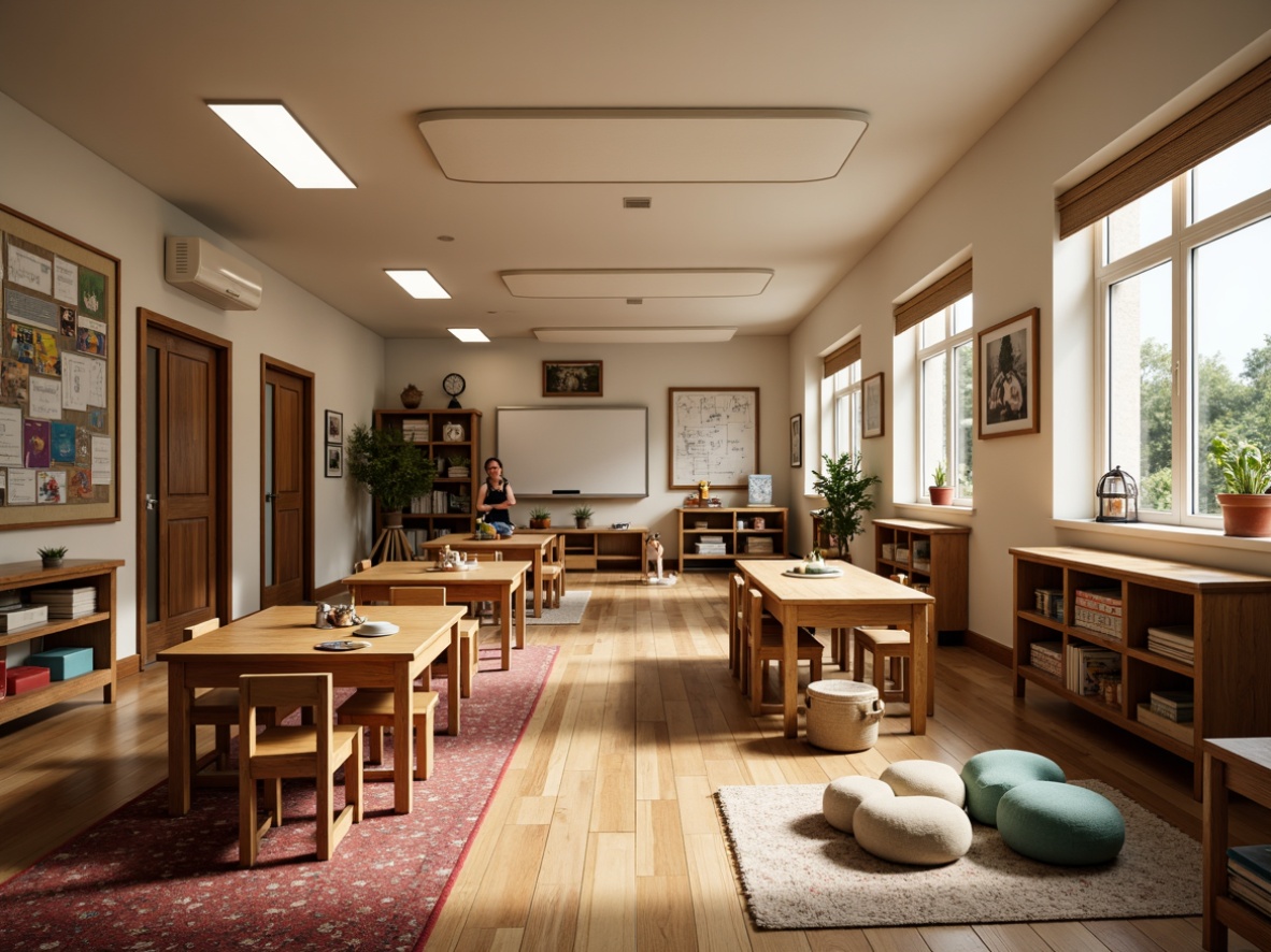 Prompt: Traditional kindergarten classroom, wooden desks, vintage chairs, classic bookshelves, colorful rugs, soft cushions, playful toys, educational posters, whiteboards, wooden tables, antique-inspired decorations, warm beige walls, natural wood floors, cozy reading nooks, softbox lighting, shallow depth of field, 1/2 composition, realistic textures, ambient occlusion.