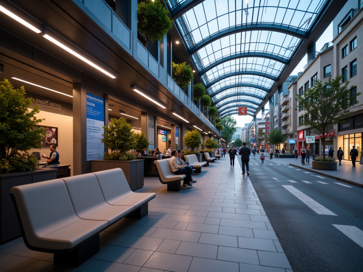 Prompt: Modern commuter hub, sleek metal benches, ergonomic seating, vibrant LED lighting, futuristic architecture, curved glass roofs, natural ventilation systems, urban cityscape, busy streets, morning rush hour, soft warm glow, shallow depth of field, 1/1 composition, realistic textures, ambient occlusion.