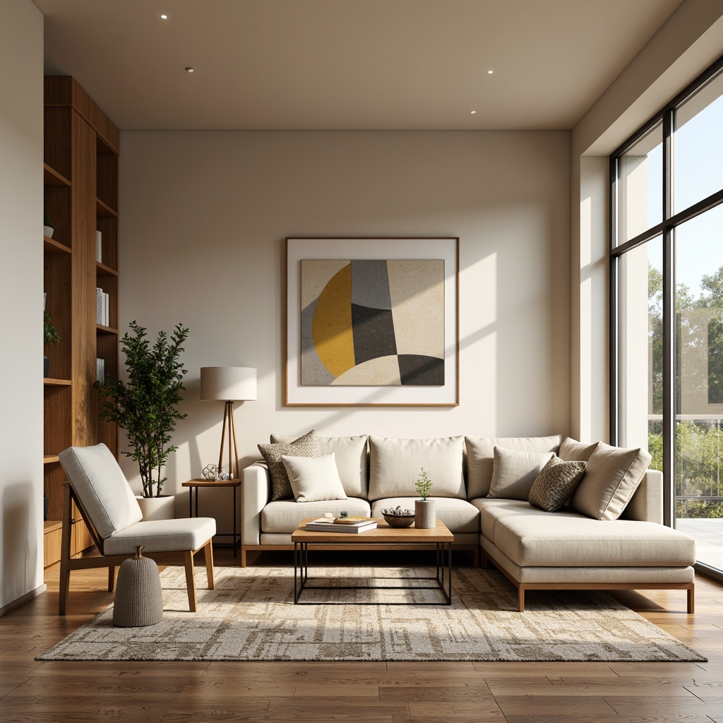 Prompt: Simple living room, Scandinavian design, functional furniture, comfortable sofas, minimalist coffee tables, industrial metal legs, soft cushions, natural wood accents, earthy color palette, plenty of negative space, large windows, abundant natural light, cozy atmosphere, warm beige walls, sleek floor lamps, geometric patterns, textured rugs, modern abstract art, 1/1 composition, shallow depth of field, softbox lighting.