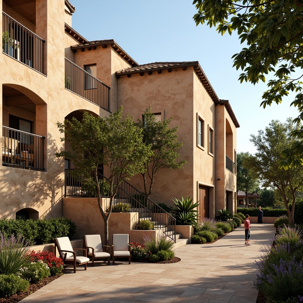 Prompt: Warm Mediterranean villa, textured stone walls, rustic stucco finish, earthy color palette, natural limestone accents, ornate wrought iron balconies, curved archways, lush greenery, blooming bougainvillea, sunny day, soft warm lighting, shallow depth of field, 3/4 composition, panoramic view, realistic textures, ambient occlusion.