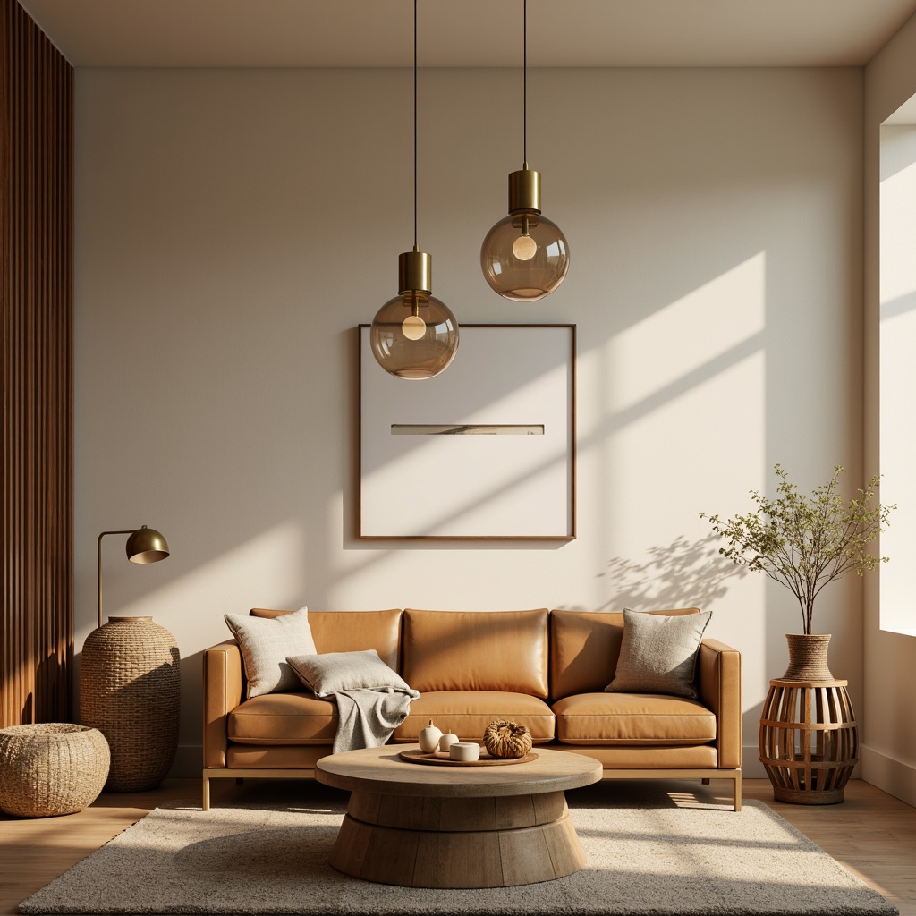 Prompt: Mid-century modern interior, retro-style pendant lights, spherical glass shades, brass metal fixtures, warm beige tones, minimalist decor, natural textiles, wooden accents, geometric patterns, Scandinavian-inspired design, cozy ambiance, soft warm lighting, 1/1 composition, realistic textures, ambient occlusion.