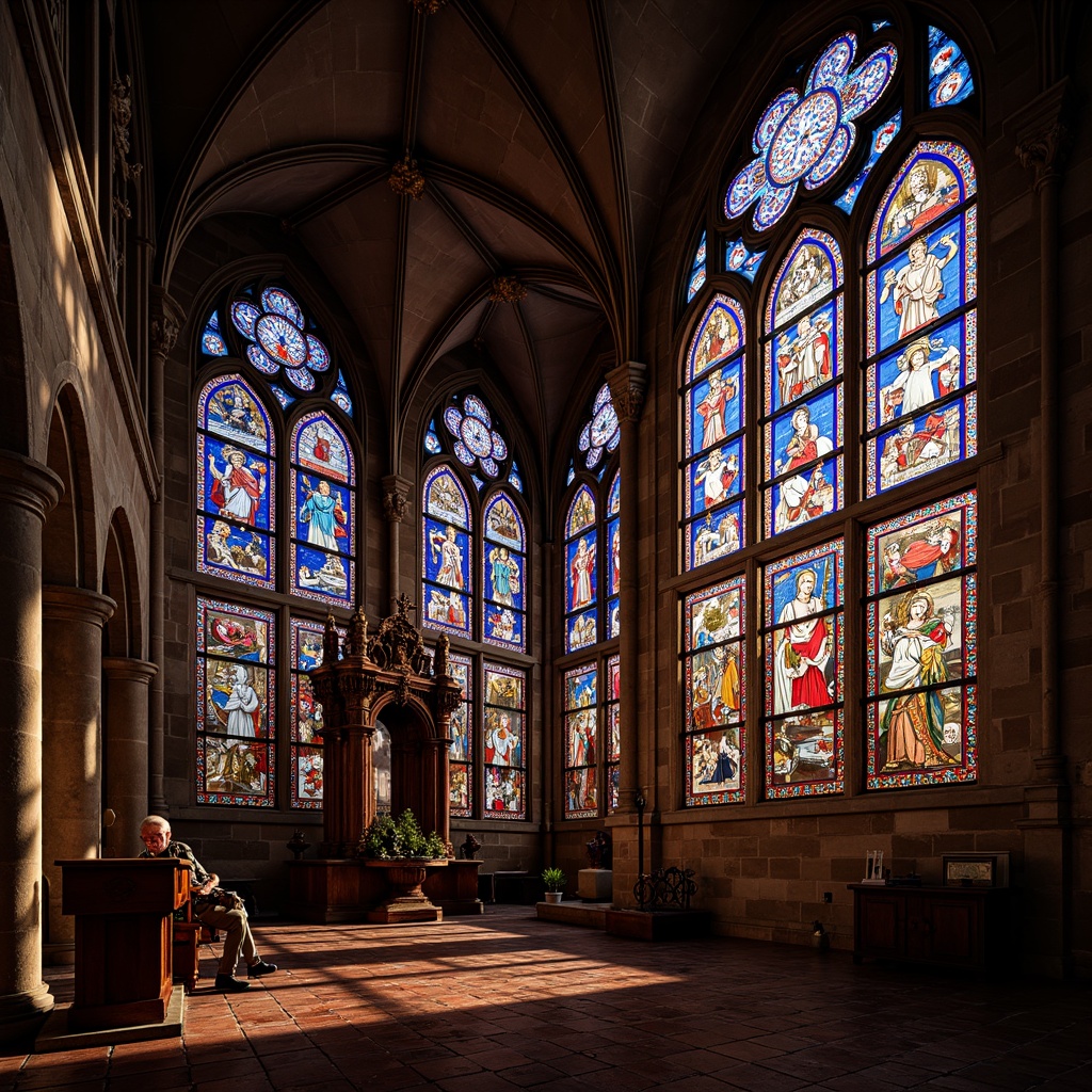 Prompt: Vibrant stained glass windows, intricate designs, kaleidoscope colors, Gothic architecture, ornate details, rich textures, warm ambient lighting, soft diffused shadows, 1/1 composition, shallow depth of field, realistic reflections, subtle gradient maps, sacred atmosphere, peaceful ambiance.