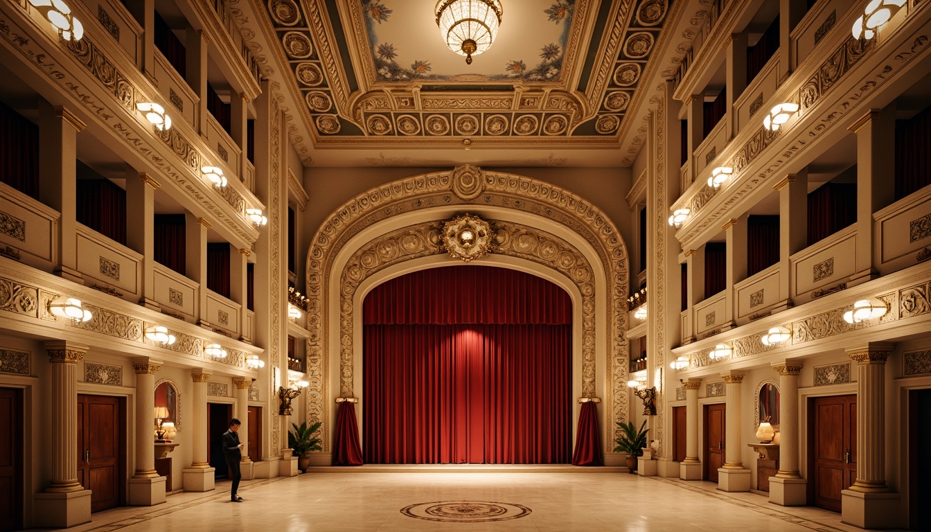 Prompt: Grandiose opera house, ornate facade, richly textured stone walls, intricately carved details, sweeping arches, imposing columns, opulent chandeliers, lavish red velvet drapes, gilded accents, subtle cream tones, warm beige marble floors, soft golden lighting, dramatic shadows, 1/2 composition, symmetrical framing, atmospheric perspective, intricate moldings, frescoed ceilings, ornate balconies, grand staircases.