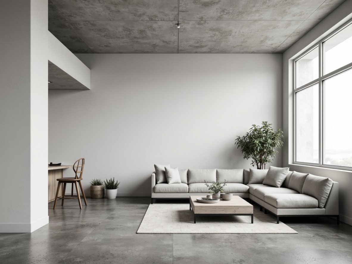 Prompt: Monochromatic color scheme, sleek lines, minimal ornamentation, industrial materials, concrete floors, white walls, sparse furniture, Scandinavian-inspired decor, natural textiles, geometric shapes, matte finishes, ambient lighting, soft shadows, shallow depth of field, 3/4 composition, panoramic view, realistic textures, subtle reflections.