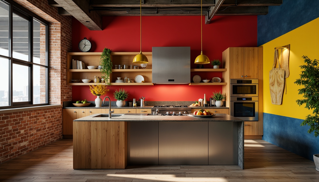 Prompt: Vibrant Bauhaus kitchen, bold primary colors, geometric shapes, industrial materials, sleek metal appliances, minimalist cabinetry, smooth granite countertops, rich wood accents, warm ambient lighting, soft shadows, 1/1 composition, realistic textures, ambient occlusion, urban loft setting, exposed brick walls, polished concrete floors, modernist architecture, functional simplicity.