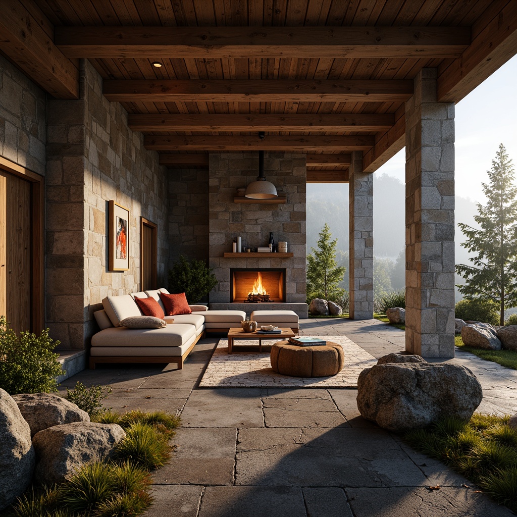 Prompt: Rustic mountain lodge, natural stone walls, earthy tone colors, rough-hewn wooden beams, cozy fireplace, plush furnishings, warm ambient lighting, shallow depth of field, 2/3 composition, intimate atmosphere, natural textures, organic forms, weathered stone surfaces, moss-covered rocks, forest surroundings, misty morning light, soft warm colors.