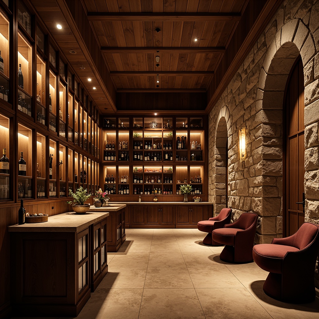 Prompt: Luxurious wine cellar, rich wood tones, rustic stone walls, dimmable ambient lighting, warm golden glow, soft shadows, elegant wine racks, premium glass enclosures, sophisticated climate control systems, humidity management, temperature regulation, atmospheric misting, intimate seating areas, plush velvet fabrics, ornate metalwork, refined wooden accents, dramatic ceiling heights, subtle color palette, moody atmosphere, 1/1 composition, shallow depth of field, realistic textures, ambient occlusion.